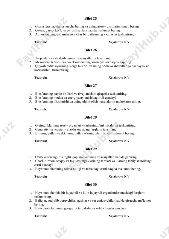 yoviy moddalar haqida umumiy ma'lumot bering. 3. gallaktika turlari va tuzilishini tavsiflang. tuzuvch: xayda rova n.v bilet 4 1. yulduzlar tizimi qanday tashkil topgan? 2. qu yosh sistemasidagi sayyoralarni sanab bering va ularning o‘rganilganlik darajasini baholash. 3. yulduzlar, kometa, asteroid va meteoritlar orasidagi farqlarni tushuntiring. tuzuvch: xaydarova n.v bilet 5 1. yerning shakli va harakatini tavsiflang. 2. yerning o‘ z o‘qi atrofida va quyosh atrofida aylanishi qanday amalga oshadi? 3. kun va tun almashishi qanday sodir bo‘ladi? tuzuvch: xaydarova n.v bilet 6 1. yil fasllarining almashishi qanday ro‘y beradi? 2. ekvator, meridian va parallel chiziqlari haqida ma'lumot berin g. 3. globus va harita orasidagi farqlarni tushuntiring. tuzuvch: xaydarova n.v /docprops/thumbnail.emf bilet 1 1. tabiiy fanlar nazariyasi va metodikasining predmeti va maqsadlarini tushuntiring. 2. tabiiy fanlar nazariyasi va metodikasining tadqiqot metodlarini sanab bering. 3. tabiiy fanlarni o‘rgatish metod va ko‘nikmalar qanday tarbiyalanadi? tuzuvch: xaydarova n.v bilet 2 1. boshlang‘ich sinf o‘quvchilarining …