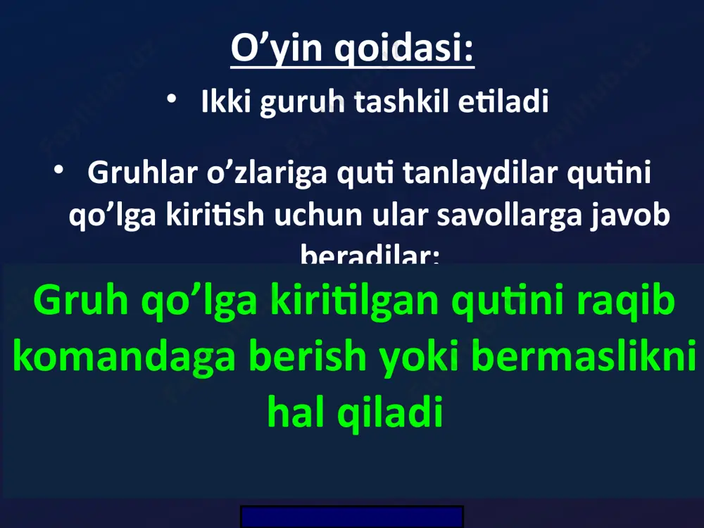 bo’ladi? qoldirish berib yuborish -500 savol o’zbekistonda ta’limning doktarantura bosqichi necha yilni tashkil etadi? qoldirish berib yuborish +700 savol kamalak tashkiloti necha yoshdagi bolalarni qamrab oladi? qoldirish berib yuborish +100 savol 1996-yilda yoshlarni qo’llab quvvatlash uchun qanday ish amalga oshirildi? qoldirish berib yuborish +400 savol 2017-yil 27-martda “atoqli davlat arbobi va yozuvchi sharof rashidov tavalludining necha yilligi nishonlandi? qoldirish berib yuborish -2000 savol o‘zbekistonda rasman nechta xotira kuni mavjud? qoldirish berib yuborish +2000 savol “hidoyat” jurnali qanday jurnal ? qoldirish berib yuborish -600 savol o’zbekistonda birinchi chop etilgan quronning izohli tarjimasi kim tomonidan tarjima qilgan edi? qoldirish berib yuborish +200 savol “imom abu mansur al-moturidiy maqbarasi qaysi shaharda joylashgan? qoldirish berib yuborish -300 savol navro‘z umumxalq bayrami sifatida nechanchi yildan boshlab nishonlana boshlandi? qoldirish berib yuborish +400 savol 2007 yilda qaysi shaharlarning yubileylari nishonlangan? qoldirish berib yuborish -100 image2.png image3.png image4.png audio1.wav image5.png image6.emf audio2.wav image7.png image1.png /docprops/thumbnail.jpeg