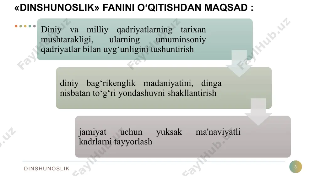 arga bo‘lish mumkin; xudo bilan insonlarni bog‘lab turuvchi kult yoki kultlar 14 dinshunoslik . yaratuvchi bilan insonni bog'lab turadigan ibodat va marosimlar majmui.kultlar kundalik yoki mavsumiy, yakka tartibdagi yoki jamoaviy kabi ko'rinishlarda bo'lishi mumkin e'tiqodchilarni o‘zida jamlaydigan diniy tashkilotlar 15 diniy tashkilot – bu bir din izdoshlarining jamoaviy ravishda o'z diniy rasm-rusum, ibodat marosimlarini o'tkazadigan, diniy ta'lim oladigan muassasalaridir. dinshunoslik 16 dinning jamiyatdagi funksiyalari dunyoqarashni shakllantirish kompensatorlik kommunikativlik regulyativ integrativ madaniyatni targ’ib qilish legitimirallashtirish dinshunoslik dinlarni tasniflash 17 mistik (ruhiy olamga yo‘naltirilgan) dinlar profetik (payg‘ambarlarga tayanuvchi) dinlar sakramental (diniy marosim va rasm-rusumlarga tayanuvchi) dinlar dinshunoslik hozirgi kunda din tipologiyasida dinlarning quyidagi tasniflari mavjud: 18 tarixiy-geografik jihatga ko‘ra; etnik jihatga ko‘ra; e'tiqod qiluvchilarining soniga ko‘ra; hozirgi davrda mavjudligi jihatidan (tirik va o‘lik diniy tizimlar) va h.k. dinshunoslik bugungi kunda, dinshunoslikka bag‘ishlangan adabiyotlarda esa asosan quyidagi tasnif keltiriladi: 19 dinshunoslik jahon dinlari millat dinlari primitiv diniy tasavvurlar (urug‘-qabila dinlari) dinlar ta'limotiga ko‘ra …
