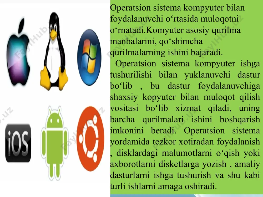 protsessor, xotira va boshqa texnik qurilmalarning ishga yaroqlik qobiliyati tekshiriladi.(bios) tekshiruv muvaffaqiyatli yakunlangandan so`ng, bios o`z ishini tugatadi va qattiq diskning operativ xotirasidagi maxsus dastur master boot (оt yuklovchisi) ni operativ xotiradan foydalanib yuklanishi uchun buyruq beradi. ot yuklangandan so`ng boshqaruv buyruqlar protsessoriga o`tadi va ekranda grafik interfeys paydo bo`ladi. inter- feys dray- verlar yadro operatsion tizim tarkibi ot yadrosi operativ xotirada doimiy joylashgan bo`lib, operatsion tizimni boshqaradi; quyidagilarni o'z ichiga oladi: qurilma drayverlari, xotira boshqaruvi dasturlari, vazifa rejalashtiruvchisi; tizim buyruqlarini amalga oshiruvchi va boshqalar. operatsion tizim ma'lum bir qurilmaning apparatiga kirishni ta'minlaydigan kompyuter dasturi. har qanday qurilmani (tashqi va ichki) ishlatish uchun kerakli drayver drayverlar interfeys grafik ekran va inson bilan kompyuter o'rtasida ma'lumot almashish imkonini beruvchi apparat va dasturiy ta'minot. меню кнопка ускуналар панели белгилар виджет = интерфейс элементи operatsion tizimning asosiy vazifalari: fayl tizimi(fat32, ntfs, cdfs) ni boshqarish (yozish, o‘zgartish, fayllardan nusxa ko‘chirish, erkin foydalanishni nazorat qilish); …