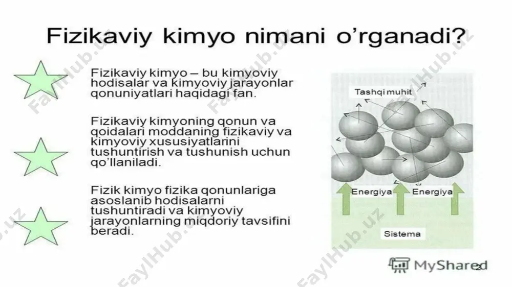 gi 2-4 marta oshadi. harorat 100 oshirilganda reaksiya tezligi necha marta oshishini ko'rsatadigan son reaksiya tezligining harorat koeffitsiyenti deb ataladi. kimyoviy reaksiya tezligi haroratga qanday bog'liq ekani s. arrenius tenglamasi bilan aniq ifodalanadi: kataliz va katalizatorlar kataliz - yunonchadan buzish, vayron qilish manosini anglatadi. ehtimol, bu atamaning kelib chiqishi katalizatorning reagentlar bilan vaqtinchalik kompleks hosil qilib parchalanishiga ishoradir, chunki kataliz hodisasini 1812-yilda kuzatgan g. kirxgoff bir qator organik birikmalarning kislota ishtirokida parchalanish reaksiyasi tezligining keskin oshib ketishiga, ya'ni "buzilishiga” öz etiborini qaratgan edi. 1816-yilda g. devi kislorod va boshqa organik moddalarga vodorodning birikishini o'rganib, platina kukuni ishtirokida bu jarayon tezlashuvini aniqladi. bu reaksiyalar uchun 1835-yilda y.y. berselius "kataliz” atamasini taklif etdi. v. ostvaldning 1882-1887-yillarda kimyoviy jarayonlarga katalitik ta’sirlami o’rganish bo'yicha erishgan yutuqlari 1887-yilda leypsigda "fizikaviy kimyo instüuti"ning ochilishiga zamin yaratdi xviii asrda olimlar yorug'lik nuri ham energiya sifatida kimyoviy, biokimyoviy va fizik jarayonlarga ta'sir qilishini o'rgana boshladilar. quyosh nuridagi ko'zga …
