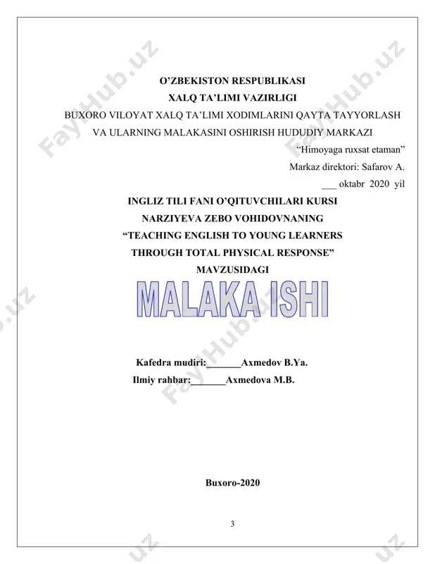 oro-2020 annotatsiya mening ushbu malaka ishimning mavzusi “teaching english to young learners through total physical response” bo’lib, 25 betdan iborat, malaka ishi rejasi oddiy shaklda tuzilgan to’rtta rejadan iborat. birinchi reja “the basic concept of tpr ”, ikkinchi reja “tpr relation with characteristic of young learners ”,uchinchi reja “the principles of total physical response.”,to’rtinchi reja “complexion and techniques of tpr classroom activities. advantages of tpr”, xulosa hamda foydalanilgan adabiyotlar ro’yxatidan iborat ushbu malaka ishimda, avvalambor, to’liq jismoniy javob metodining (tpr) paydo bo’lishi va uning birinchi bo’lib kim tomonidan qo’llanilgani hamda ushbu metod haqida qisqacha ta’rif berdim. keyingi rejamda esa,ushbu metodning tamoyillari haqida so’z boradi. tpr metodining tushunchalari va uni yoshlarga o’rgatish turlari haqida keng yoritilgan shu bilan birga ishimda men ushbu tpr metoddan foydalanib yoshlarga o’rgatishda keng qo’llaniladigan ko’rinishlarini keltirib o’tganman. iste’dodli yoshlarimizning o’z qiziqqan sohalarida yetuk mutaxassislar bo’lishlari uchun, avvalambor chet tilini jumladan, ingliz tilini mukammal bilishlari zarur. bunda …