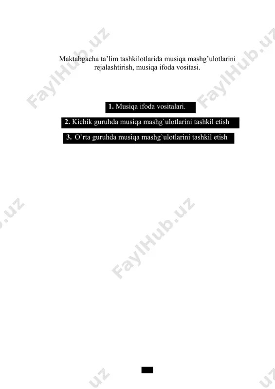 hqa ifoda vositalari ikkinchi darajali bo’lib, asosan shu his- tuyg’ularni kuchaytirish yoki pasaytirish uchun xizmat qiladi va ular dinamika, tembr, temp, faktura va hakazo. bu ifodalar orqali tarbiyalanuvchida estetik dunyoqarash o’sadi va shakillana boradi. shuning uchun ham mtt da musiqiy savodxonlik kichik guruhlardan boshlab o’rgatila boshlanadi. kichik guruh(ilk yosh) bolalariga qo‘shiq o‘rgatish texnologiyasi. musiqa rahbari qo‘shiqni mayin, jonli kuylaydi, so‘ng rasmlar,o‘yinchoqlar yordami bilan mazmunan qisqacha hikoya qilib beradi. savol-javob orqali qo‘shiq mazmunini ochib beradi. dastlab bolalar qo‘shiqni ijro eta olmaydilar. ular takrorlanuvchi jumlalarni kuylaydilar xalos. bolalarda kuylash holati, talaffuz, ovoz hosil qilish, to‘g‘ri nafas olish kabi vokal malakalarini shakllantirib borish ishlari boshlanadi.bolalar musiqa rahbariga taqlidan u ijro etgan qo‘shiqni qaytarishga harakt qilishadi. qo‘shiq mazmuniga mos harakt qila boshlaydilar. musiqa rahbari ularda jamoa bo‘lib kuylash ko‘nimalarini shakllantirib borishi lozim. bolalar mashg‘ulotlar davomida asta-sekin qo‘shiqlarni bir-biridan farqlay boshlaydilar. hozirgi kun talabi shuki qo‘shiqni o‘rgatish davomida musiqa rahbari bolalarni savol javobga undash kerak, …