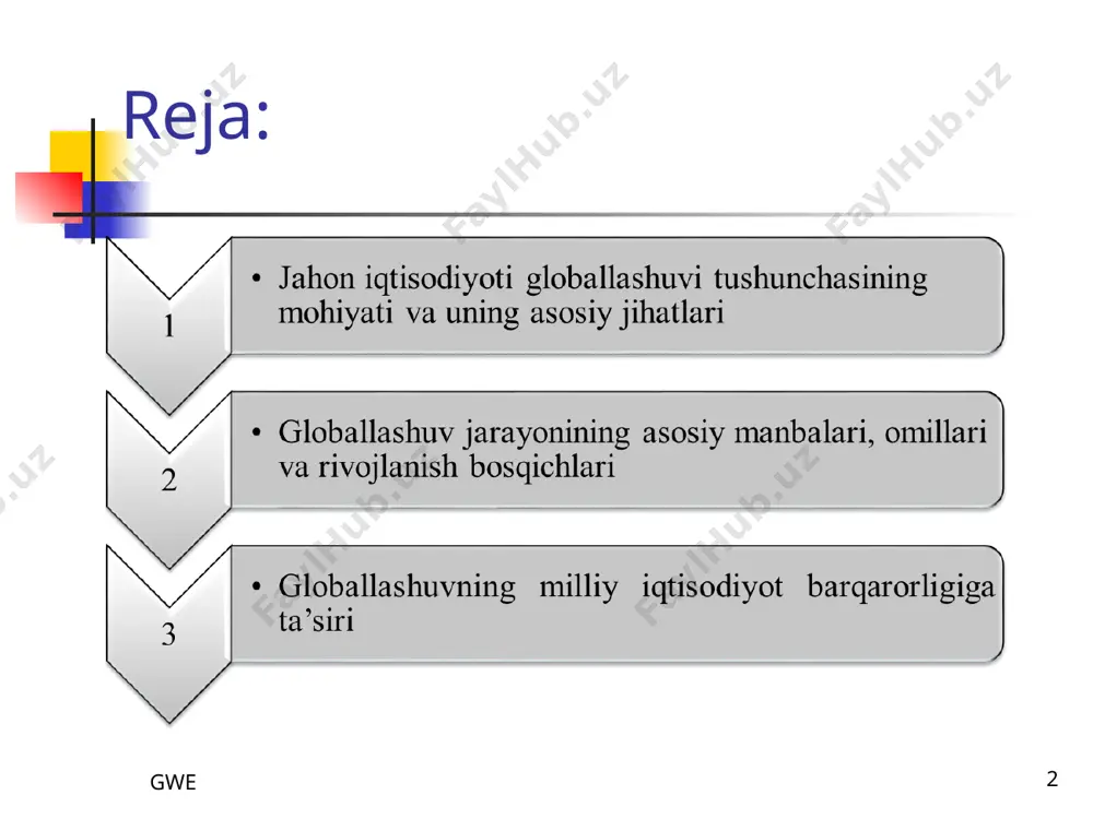 cha ishtirokchilarning qarshiliksiz kirishini ta’minlaydi; moliyaviy va savdo operatsiyalarni amalga oshirishga tegishli tartiblarni universallashtiradi; bozorlarni tartibga solish va nazorat qilishni bir me’yorga keltiradi, ya’ni unifikatsiya qiladi; kapitalni joylashtirish, investitsion jarayonlar va umumjahon toʻlov- hisob tizimiga qo’yilgan talablarni standartlashtiradi. globallashuv tushunchasi yagona xalqaro iqtisodiy, huquqiy va madaniy-axborot makonini shakllanishini anglatadi. globallashuv jarayoni iqtisodiy doiradan chiqqan holda jamiyat xayotining barcha asosiy sohalariga sezilarli darajada ta’sir ko’rsatadi. bu jarayon xx oxiri xxi asr boshida jahon iqtisodiyotida alohida rol o’ynab, xalqaro iqtisodiy va siyosiy munosabatlarning yangi tizimini shakllanishiga kuchli turki berdi. birinchidan, globallashuv mamlakatlar oʻrtasidagi iqtisodiy masofani qisqartiruvchi aloqa vositalari va transport sohasida ilmiy-texnik taraqqiyotni jadallashuvini, xalqaro mehnat taqsimotining chuqurlashuvini hamda dunyo rivojlanishining ob’ektiv omillarini yuzaga keltiradi. gwe * globallashuv jarayonining asosiy manbalari, omillari va rivojlanish bosqichlari gwe * globallashuvning ikkinchi manbasi – protektsionizm siyosatini cheklashga sabab bo’luvchi va jahon savdosini erkin qiluvchi savdoning liberallashuvi hamda iqtisodiy liberizatsiyaning boshqa shakllaridir. baynalmilallashuv jarayonining uchinchi manbasi …
