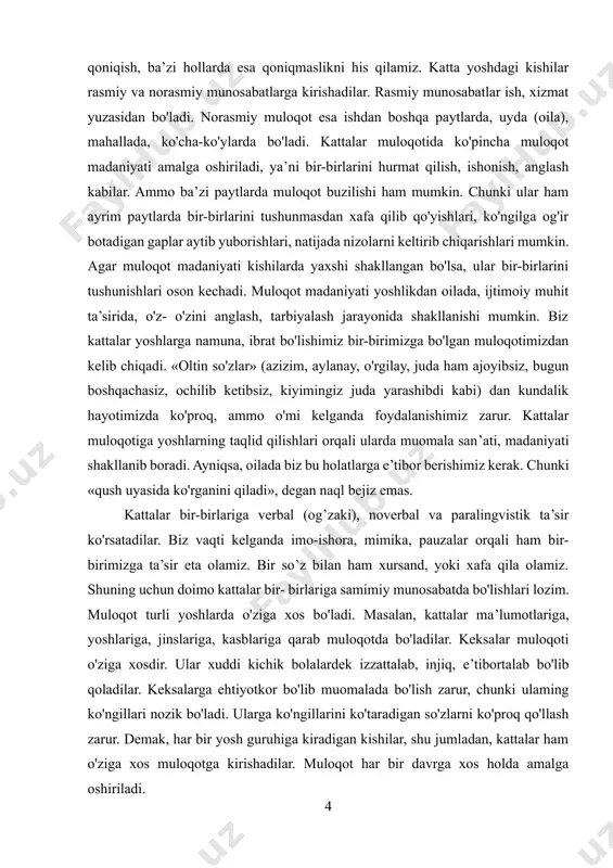 sir ko'rsatadilar. biz vaqti kelganda imo-ishora, mimika, pauzalar orqali ham bir-birimizga ta’sir eta olamiz. bir so’z bilan ham xursand, yoki xafa qila olamiz. shuning uchun doimo kattalar bir- birlariga samimiy munosabatda bo'lishlari lozim. muloqot turli yoshlarda o'ziga xos bo'ladi. masalan, kattalar ma’lumotlariga, yoshlariga, jinslariga, kasblariga qarab muloqotda bo'ladilar. keksalar muloqoti o'ziga xosdir. ular xuddi kichik bolalardek izzattalab, injiq, e’tibortalab bo'lib qoladilar. keksalarga ehtiyotkor bo'lib muomalada bo'lish zarur, chunki ulaming ko'ngillari nozik bo'ladi. ularga ko'ngillarini ko'taradigan so'zlarni ko'proq qo'llash zarur. demak, har bir yosh guruhiga kiradigan kishilar, shu jumladan, kattalar ham o'ziga xos muloqotga kirishadilar. muloqot har bir davrga xos holda amalga oshiriladi. shaxsning shakllanishidagi psixologik-pedagogik masalalar shaxsning har tomonlama shakllanishida muloqotning ahamiyati katta. oddiy narsalami o'rganish uchun ham taqlid orqali o'zaro muloqotda bo'lish zarur. jamiyat qonun-qoidalariga asoslangan holda munosabatlar rivojlanadi. individ bilan shaxs muloqoti o'rtasida juda katta farqni ko'rish mumkin. masalan, go'dak, ruhiy kasal, ongi past rivojlangan kishilarning muloqoti bilan …