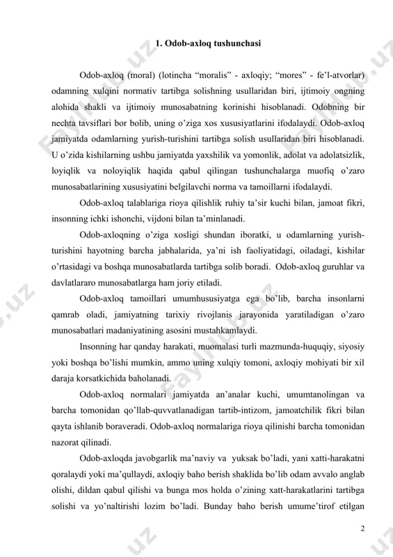 bo’lib odam avvalo anglab olishi, dildan qabul qilishi va bunga mos holda o’zining xatt-harakatlarini tartibga solishi va yo’naltirishi lozim bo’ladi. bunday baho berish umume’tirof etilgan norma va tamoillarga, barcha tomonidan qabul qilingan zarur va zarur bo’lmagan, loyiq va loyiq bo’lmagan va boshqa tushunchalarga mos bo’lishi kerak. odob-axloq albatta insoniyatning turmushiga, insonniy ehtiyoji mohiyatiga bog’liq bo’ladi, ammo ijtimoiy va individual ong darajasi bilan belgilanadi. jamiyatda insonlarning xatti-harakatini boshqa shakllar qatorida odob-axloq ham ko’plab individlarning faoliyatlarini muvofiqlashtirishga, uni muayan ijtimoiy qonunlarga bo’yinsungan birlashgan umumiy faoliyatga aylantirishga xizmat qiladi. 2. odob-axloqning vazifasi va tuzilishi odob-axloqning vazifalari masalasini o’rganib quyidagilarga ajratish mumkin: - tartibga soluvchi, - tarbiyalavchi, - bildiruvchi, - qat’iy-baho beruvchi, - mo’ljal beruchi, - asoslantiruvchi, - aloqa uchun xizmat qiladigan, va boshqa vazifalar . yuristlar uchun odob-axloqning tartibga soluvchi, tarbiyalavchi vazifalari birlamchi qiziqish uyg’otadi. tartibga soluvchi vazifa odob-axloqning birlamchi vazifasi hisoblanadi. odob-axloq insonning amaliy faoliyatini jamiyatning va boshqa odamlarning manfaatlarini hisobga olish …