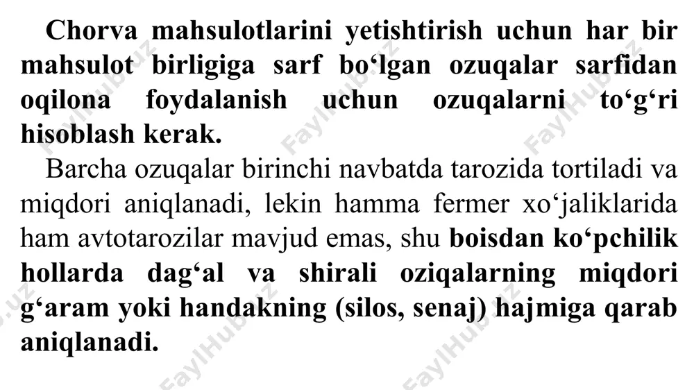 lilar telejka yoki avtomobil bilan avtotarozida o‘lchanadi. tarozisi yo‘q fermer xo‘jalikllarida esa handakning hajmi va 1 m3 hajmdagi massa og‘irligiga qarab silosning umumiy og‘irligi quyidagi formula yordamida topiladi. h m3 = u • e • ch bunda: hm3 - handakning hajmi (m3 ); u - handakning uzunligi (m); e - handakning eni (m); ch - handakning chuqurligi (m). variantlar 1 2 3 4 5 6 7 8 9 10 11 12 13 14 15 uzunligi 47 48 49 50 51 52 53 55 54 56 57 58 59 60 61 eni 8 6 8 7 9 10 8 6 7 8 9 10 8 6 7 chuqurligi 2 2 2 2 2 2 2 2 2 2 2 2 2 2 2 1 m3 hajmda 700 705 710 710 720 725 730 700 705 710 710 720 725 730 720 variantlar 16 17 18 19 20 21 22 23 24 …