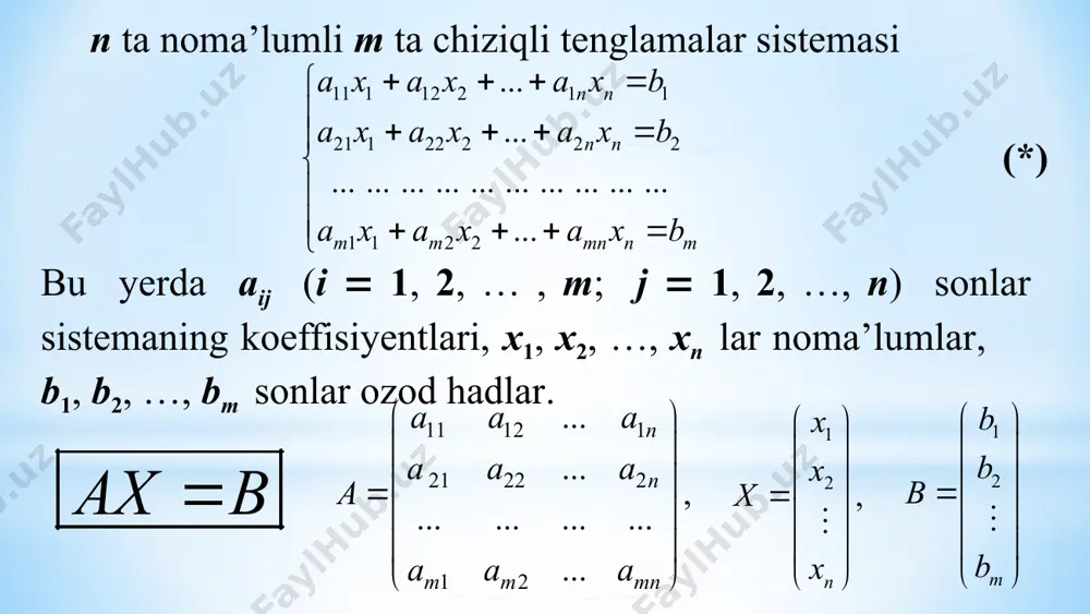 mlarning qiymatlari sifatida qoʻyib, x1 va x2 larning qiymatlarini hisoblaymiz. natijada berilgan tenglamalar sistemasining quyidagi fundamental yechimlar sistemasini hosil qilamiz: demak, sistemaning umumiy yechimi bu yerda c1, c2 va c3 ixtiyoriy sonlar. agar b   bo‘lsa, u holda (*) tenglamalar sistemasi bir jinsli bo‘lmagan chiziqli tenglamalar sistemasi deyiladi. umumiy yechim: bu yerda f0 – bir jinslimas sistemaning xususiy yechimlaridan biri (f0 ni aniqlash uchun erkli oʻzgaruvchilarning xususiy qiymatlarida bir jinsli boʻlmagan tenglamalar sistemasi yechiladi); f1, f2, …, fn-r – bir jinsli sistemaning fundamental yechimlari sistemasi; c1, c2, …, cn-r – ixtiyoriy haqiqiy sonlar. bu yerda x2 va x3 – basis oʻzgaruvchilar, x1 – erkli oʻzgaruvchi. n  3, r  2, n – r  1. bunda x1  0 deb olsak, xususiy yechim: m. endi bir jinsli boʻlgan chiziqli tenglamalar sistemasini yechib, fundamental yechimlar sistemasini topamiz. bir jinsli sistema quyidagi sistemaga ekvivalent: bu sistemada x1  1 deb …