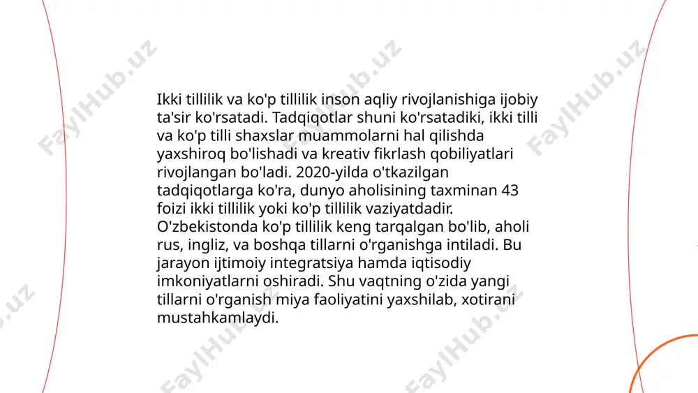 0%, chet tillarini, xususan ingliz, rus va frantsuz tillarini ko'proq o'rganishadi. ijtimoiy-iqtisodiy maqomi past bo'lgan guruhlar ko'proq o'zbek tilidan foydalanadi, taxminan 75%. shuningdek, shahar hududlarida tildan foydalanish ko'rsatkichlari yuqori. bu omillar tildan foydalanishdagi ijtimoiy cheklovlar va imkoniyatlar haqida ma’lumot beradi. ... t.me/slaydai_bot 10. etnik guruhlar va til o'zbekiston ko'p millatli davlat bo'lib, unda 130 dan ortiq etnik guruhlar yashaydi. eng katta etnik guruh o'zbeklar bo'lib, ular umumiy aholining 84,5% ini tashkil qiladi. shuningdek, ruslar 2,1%, tojiklar 4,8%, qozoqlar 2,5%, va qorakalpoklar 2,2% ni tashkil qiladi. rasmiy davlat tili o'zbek tili hisoblanadi. biroq, mamlakatda rus tili ham keng tarqalgan va ba'zida rasmiy ishlarda qo'llaniladi. tajikiston va qozog'iston bilan chegaradosh hududlarda tojik va qozoq tillari ham uchraydi. har qanday millat o'z tili va madaniyatini saqlashga huquqiga ega, bu mamlakatdagi til va madaniy rang-baranglikni ta'minlaydi. ... t.me/slaydai_bot kod switching yoki kod oʻzgartirish, koʻp tilli shaxslarning muloqotda bir nechta tildan foydalanishi jarayonidir. bu hodisa …