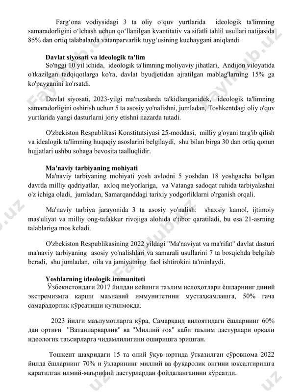 da, ideologik ta'limning moliyaviy jihatlari, andijon viloyatida o'tkazilgan tadqiqotlarga ko'ra, davlat byudjetidan ajratilgan mablag'larning 15% ga ko'payganini ko'rsatdi. davlat siyosati, 2023-yilgi ma'ruzalarda ta'kidlanganidek, ideologik ta'limning samaradorligini oshirish uchun 5 ta asosiy yo'nalishni, jumladan, toshkentdagi oliy o'quv yurtlarida yangi dasturlarni joriy etishni nazarda tutadi. o'zbekiston respublikasi konstitutsiyasi 25-moddasi, milliy g'oyani targ'ib qilish va idealogik ta'limning huquqiy asoslarini belgilaydi, shu bilan birga 30 dan ortiq qonun hujjatlari ushbu sohaga bevosita taalluqlidir. ma'naviy tarbiyaning mohiyati ma'naviy tarbiyaning mohiyati yosh avlodni 5 yoshdan 18 yoshgacha bo'lgan davrda milliy qadriyatlar, axloq me'yorlariga, va vatanga sadoqat ruhida tarbiyalashni o'z ichiga oladi, jumladan, samarqanddagi tarixiy yodgorliklarni o'rganish orqali. ma'naviy tarbiya jarayonida 3 ta asosiy yo'nalish: shaxsiy kamol, ijtimoiy mas'uliyat va milliy ong-tafakkur rivojiga alohida e'tibor qaratiladi, bu esa 21-asrning talablariga mos keladi. o'zbekiston respublikasining 2022 yildagi "ma'naviyat va ma'rifat" davlat dasturi ma'naviy tarbiyaning asosiy yo'nalishlari va samarali usullarini 7 ta bosqichda belgilab beradi, shu jumladan, oila va …