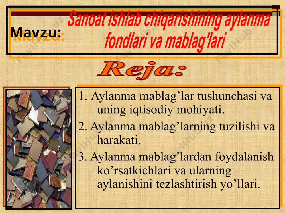 v qo`llanma. –t.: o`zbekiston yozuvchilar uyushmasi adabiyot jamg’armasi nashriyoti, 2004, – 208 b. скляренко в.к., прудников в.м. экономика предприятия: учебник – м.: инфра-м, 2006. - 528 с. ortiqov a, karabayeva g. sanoat iqtisodiyoti. darslik.-t.: tdiu, 2010, -288 bet. * mavzuga oid tayanch iboralar va o’quv birliklari: aylanma mablag’, aylanma ishlab chiqarish fondlari, muomala fondlari, ichki ishlab chiqarish zahiralari, tugallanmagan ishlab chiqarish , kelgusi davr xarajatlari, me`yorlashtirilgan aylanma mablag’lar, me`yorlashtirilmagan aylanma mablag’lar, aylanish koeffitsienti, yuklanish koeffitsienti, aylanma mablag’larning aylanish tezligi * mavzuning dolzarbligi (biz tabiat tomonidan berilgan noyob, kayta tiklanmaydigan zahiralar bo`lmish neft, gaz kondensati, tabiiy gaz va boshka yoqilg’i-energetika resurslaridan oqilona va tejamkorlik bilan foydalanishni hamon o`rganmaganligimiz, bu resurslarning katta qismidan ko`proq yoqilg’i sifatida foydalanayotganligimiz, muqobil energiya resurslarini izlash va joriy etish ishlari talab darajasida emasligi; sanoatda mahsulot tannarxini 10-15 foizga pasaytirish yuzasidan har bir sanoat korxonasi bo`yichа kompleks chora-tadbirlarni ko`zda tutadigan dastur ishlab chiqish lozimligi; mamlakatimiz korxonalarida qishlok xo`jaligi …