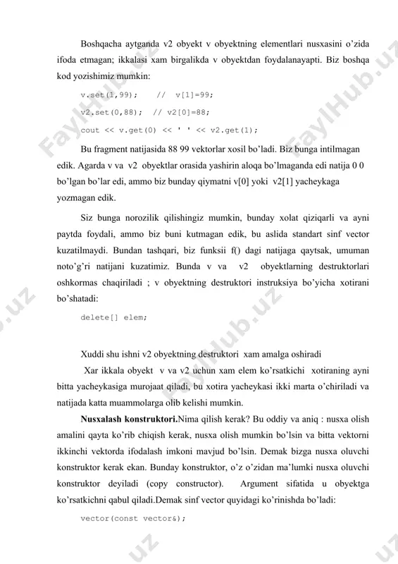 "", vector () kabi o’rnatilishi kerak. agar sinf biror ma’lumotga , resursga ega bo’lsa, albatta u destruktorga ega bo’lishi kerak.resurs deganda sinf boshqa obyektlardan olgan ma’lumotlar yoki uzatishi kerak bo’lgan ma’lumotlar va xakozolarni nazarda tutish kerak bo’ladi. oddiy misol sifatida xotirani olishimiz mumkin, new bilan joy ajratiladi delete[] bilan o’chiriladi. vector sinfi xam o’z elementlarini joylashtirish uchun joy talab qiladi va kerak bo’lganda bo’shatib beradi, shunga ko’ra unga destructor kerak bo’ladi. boshqa resurslar boshqa murakkab dasturlarda ishlatiladi bular - fayllar xisoblanadi(agar ochgan bo’lsangiz uni albatta bekitish kerak bo’ladi), bloklash, oqim deskriptorlari(thread handles), ikki tomonlama kanallar(sockets). oshkor konstruktorlar . konstruktor. misol qaraymiz. class complex { public: complex(double); // opredelyayet preobrazovaniye double v complex complex(double,double); // . . . }; complex z1 = 3.18; // ok: preobrazuyet 3.18 v (3.18,0) complex z2 = complex(1.2, 3.4); oshkormas turga keltirish ba’zi muammolarni keltirib chiqarishi mumkin, shuning uchun extiyot bo’lib foydalanamiz, aks xolda, kutimagan effektlarga …