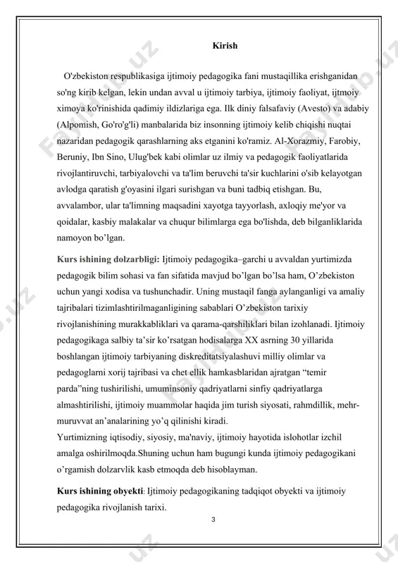ijda va o’imizda olib borilgan ishlar va nazaryalarni o’rganish. 3.ijtimoiy pedagogik ishlar samaradorligini oshirish yuzasidan takliflar ishlab chiqish. 4.bu sohada amalga oshirilayotgan ishlarni yoritib berish. kurs ishining o’rganilganlik darajasi: o’zbek olimlaridan:m.q.qurunov,z.qurboniyozova,m.isoqova ,mavlyanova jahon olimlaridan:vulfov,semyanov, .zimbardo f., lyayppe m. sotsialnoe vliyanie i. bob. ijtimoiy pedagogikaning rivojlanish tarixi 1.1 o’zbekistonda ijtimoiy pedagogikaning rivojlanishi o'zbekiston respublikasiga ijtimoiy pedagogika fani mustaqillika erishganidan so'ng kirib kelgan, lekin undan avval u ijtimoiy tarbiya, ijtimoiy faoliyat, ijtmoiy ximoya ko'rinishida qadimiy ildizlariga ega. ilk diniy falsafaviy (avesto) va adabiy (alpomish, go'ro'g'li) manbalarida biz insonning ijtimoiy kelib chiqishi nuqtai nazaridan pedagogik qarashlarning aks etganini ko'ramiz. al-xorazmiy, farobiy, beruniy, ibn sino, ulug'bek kabi olimlar uz ilmiy va pedagogik faoliyatlarida rivojlantiruvchi, tarbiyalovchi va ta'lim beruvchi ta'sir kuchlarini o'sib kelayotgan avlodga qaratish g'oyasini ilgari surishgan va buni tadbiq etishgan. bu, avvalambor, ular ta'limning maqsadini xryotga tayyorlash, axloqiy me'yor va qoidalar, kasbiy malakalar va chuqur bilimlarga ega bo'lishda, deb bilganliklarida namoyon bulgan.mashxur olim …