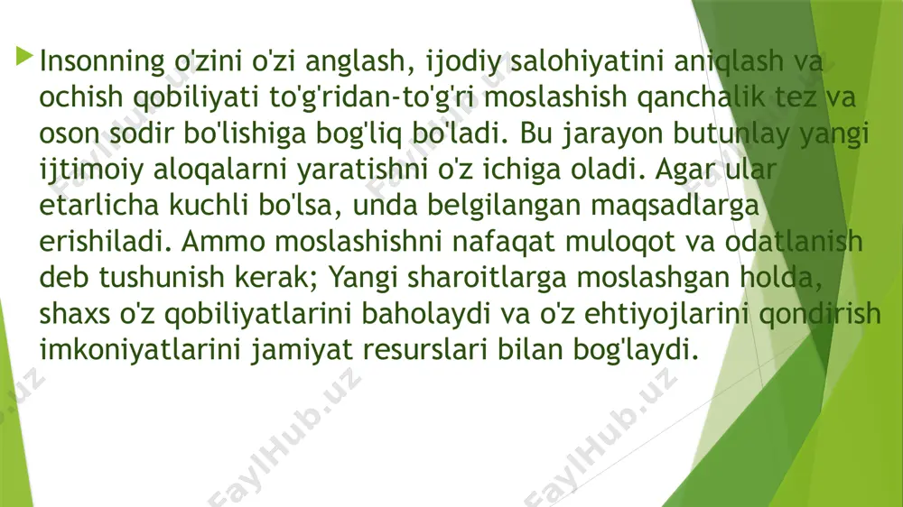 xs yangi faoliyatga, yangi muhitga, mehnat sharoitlariga, kasb xususiyatlariga moslashadi. muvaffaqiyat insonning ma'lum bir kasbiy faoliyatga moyilligi, ish uchun shaxsiy va ijtimoiy motivlarning mos kelishi va boshqalar bilan belgilanadi. ijtimoiy moslashuvning maqsad va vazifalari ijtimoiy moslashuv- ijtimoiylashuv jarayonining muhim tarkibiy qismi. ijtimoiylashtirish o'rganishni ta'minlaydi va moslashishning maqsadi o'z-o'zini anglashning tegishli usullarini topish, olingan bilimlarni o'zgartirish va muayyan muhitga mos keladigan yangi bilimlarni olishdir. ijtimoiy moslashuv sub'ektning hayoti va rivojlanishi sodir bo'ladigan guruh bilan o'zaro munosabatlarni samarali shakllantirish qobiliyatini anglatadi. inson hayoti davomida turli ijtimoiy guruhlarda bo'ladi, turli vaziyatlar yuzaga keladi, turli odamlar bilan uchrashuvlar bo'ladi. ijtimoiy moslashuv tufayli odam yangi sharoitlarda tez va muvaffaqiyatli harakat qiladi va ma'lum bir ijtimoiy guruhdagi boshqa shaxslar bilan munosabatlarni o'rnatishi mumkin. shaxsning asosiy motivi - yangi sharoitlarga moslashmaslik, o'zini o'zi anglash istagi. bunga erishish uchun sizga kerak: • odatdagi turmush tarzingizdagi o'zgarishlarni qabul qiling, shaxsiy rivojlanish uchun yangi munosabatlarni shakllantiring; • professional va ijtimoiy …