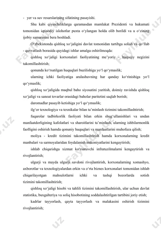 ahamiyatini oshirish; - yerga mulkchilik, yer va suvdan samarali foydalanish mexanizmini shakllantirish. respublikamizda fermer xo‘jaliklarini huquqiy jixatdan himoya qilish bilan bir qatorda ularni iqtisodiy dastaklar orqali har tomonlama rag‘batlantirish choralari ham amalga oshirilmoqda. davlatning iqtisodiy rag‘batlantirish choralari quydagi mexanizmlardan tashkil topadi: · moliya - kredit tizimi orqali qo‘llab- quvvatlash; · tabaqalangan va imtiyozli soliq tizimidan foydalanish; · baholar paritetini saqlash; · tashqi iqtisodiy faoliyatni rag‘batlantirish va boshqalar. davlatning fermer xo‘jaliklari faoliyatini iqtisodiy dastaklar orqali qo‘llab - quvvatlash choralari fermer xo‘jaliklarining rivojlanishiga qulay shart -sharoitlar yaratish maqsadida davlat tomonidan beriladigan iqtisodiy rag‘batlantirish choralaridan tashkil topadi. bunday chora-tadbirlar sirasiga soliqlar to‘lashda yengilliklar berish, imtiyozli shartlar va foizlarda kreditlar berish, davlat buyurtmasi bo‘yicha xarid qilinadigan mahsulotlarga kafillangan baholar belgilash, eksport-inport operatsiyalarida qulay tariflar va to‘lovlar o‘rnatish kabi iqtisodiy dastaklar kiradi. mamlakat iqtisodiyotida agrar sohaning tutgan o‘rni agrar soha davlat tomonidan doimiy ravishda tartibga solib turishga muhtoj tarmoq hisoblanadi. bunga qator sabablar ta’sir ko‘rsatadi. …