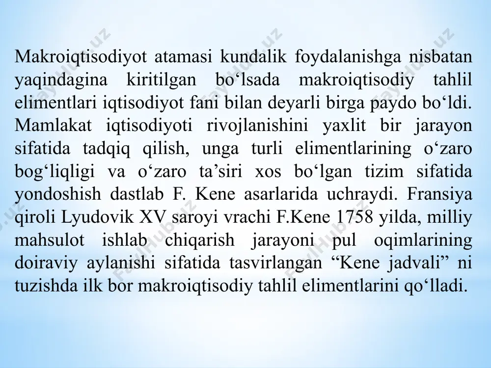 qtisodiyot real iqtisodiy hodisalarni va ularning aloqador- liklarini o‘rganadi. normativ makroiqtisodiyot esa qaysi sharoitlar yoki jihatlar maqbul yoki nomaqbul ekanligini belgilaydi, harakatning aniq yo‘nalishlarini taklif etadi. uy xo‘jaliklari, firmalar, davlat va tashqi dunyo makroiqtisodiyot sub’ektlari hisoblanidilar. bu sub’ektlar orasida davlatning roli bahsli masala hisoblanib kelmoqda. keynschilar bozor tizimi mexanizmlarining iqtisodiyotni barqaror o‘sishini ta’minlashga doim ham qodir emas va davlatning iqtisodiyotga aralashuvi zarur deb hisoblashishsa iqtisodiy nazariyaning klassik maktabi namoyondalari bunday aralashishga qarshi fikrlar bildirishadi. 1.2. makroiqtisodiyot fanining tadqiqot usullari. makroiqtisodiyot fanining tadqiqot usullariga ilmiy mavhumlashish, analiz va sintez, deduksiya, induksiya, statistik kuzatuv, iqtisodiy matematik modellashtirish usullari kiradi. . juda murakkab tizim hisoblangan milliy iqtisodiyotni tadqiq qilish o‘ziga xos usullardan foydalanishni talab etadi. son-sanoqsiz faktlarni, minglab ko‘rsatkichlarni alohida-alohida o‘rganib chiqish va ular borasida ilmiy asoslangan xulosalar chiqarish o‘ta qiyin vazifadir. shu sababli ham makroiqtisodiyot fanida agregat kattaliklardan foydalanishga asoslangan tadqiqot usullaridan foydalaniladi. agregatlash, ya’ni bir qancha iqtisodiy ko‘rsatkichlar va kategoriyalarni yagona …