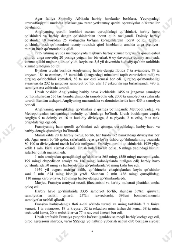 nga o’xshash barcha urinishlarga qaramay, germaniyaning moliiviy ahvoli urush arafsida og’ir ahvolda edi. uning tashqi qarzi 60 mlrd. markann tashkil etar edi. urush boshlanishi arafasida germaniya piyoda qo’shinlarida 2 mln. 700 ming kishi, zahira armiyada esa 1mln. kishi bor edi. ofiserlar korpusi 70524 kishini tashkil etib, shundan 21 ming 768 kishi safda, 48 ming 756 kishi zahirada edi. urush boshlangan vaktda germaniyada 4093 ta samolyot bo’lib, 3646 tasi jangovor holatda edn, shundan 1170 tasi bombardimonchi (xe iii, do-17, yu-88), 517 ta sho’ng’uvchi bombardimonchi 10-87, 408 ta qiruvchi bombardimonchi ts-110; 771 ta kiruvchi samolyot, 40 ta shturmchi samolyot; 013 ta razvedkachi samolyot; 552 ta transport-samolyot va 16 ta gidrosamolyot bor edi. 1939 yil avgustida harbiy-havo kuchlarida 373 ming kishn bo’lib, shundan aviasiya va havo-desanti qo’shilarida 208 ming kishi, zenit artelleriya qo’shilarida 107 ming kishi va havo-aloqa qo’shinlarida 58 ming kishi bor edi. shulardan 20 ming kishi uchuvchilar edi. ofiserlar soni harbiy …