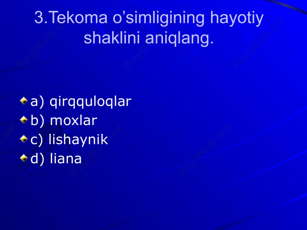 ami, ayrim o’simlik turlari va boshqalar saqlanadigan joy qanday ataladi? a) qo’riqxona b) buyurtmaxona c) milliy bog’ d) tabiiy yodgorlik 39.o’zbekistonning hisor tog’ tizmalaridan qaysi bo’limga oid o’simlik qoldiqlari topilgan? a) suv o’tlari b) yopiq urug;lilar c) ochiq urug’lilar d) yo’sinlar 40. hozirgi davrda o’tloqlardagi qancha yovvoyi o’simlik turlari o’rganilib, ulardan oqilona foydalanish usullari ishlab chiqilmoqda? a) 500 b) 600 c) 700 d) 800 41. namangan viloyatida o’sadigan o’simliklarni qancha turi o'zbekiston respublikasi ,,qizil kitob''iga kiritilgan ? a) 12 b) 11 c) 80 d) 19 42. qoraqalpog’iston respublikasida o’sadigan o’simliklarni qancha turi o'zbekiston respublikasi ,,qizil kitob''iga kiritilgan ? a) 12 b) 11 c) 80 d) 59 43. toshkent viloyatida o’sadigan o’simliklarni qancha turi o'zbekiston respublikasi ,,qizil kitob''iga kiritilgan ? a) 12 b) 11 c) 80 d) 59 44. qashqadaryo viloyatida o’sadigan o’simliklarni qancha turi o'zbekiston respublikasi ,,qizil kitob''iga kiritilgan ? a) 12 b) 11 c) 80 d) 9 45. quyidagi …