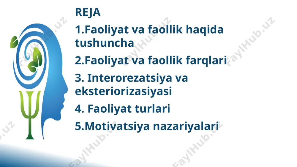 qi dunyoni o'zgartiradi. ob'ekt (narsa) ustida qilinadigan konkret ishlar bu ob'ektlarning muhim xususiyatlari ustida qilinadigan operasiyalar bilan, ya'ni ideal (psixik) ishlar bilan almashinadi. boshqacha qilib aytganda, narsalar bilan jismoniy tarzda qilinadigan ishlar shu narsalarning mazmuni bilan almashinadi. tashqi real ishdan ichki ideal ishga mana shunday o’tish jarayonini interorizatsiya deb yuritiladi (ichki ishga aylanadi). interorezatsiya odamning ichki dunyosi paydo bo’lgandan so’ng har bir narsani, har bir harakatni oldindan ichida o’ylab so’ngra amalga oshiradi. oldin ichida o’ylab, so’ngra bevosita tashqi munosabatga o’tishi faoliyatning eksteriorizasiyasi deb yuritiladi. ekstrorezatsiya barcha faoliyat turlari tarkibida uchta tarkibiy qismni: maqsad - inson faoliyati so’nggi natijasining obrazi sifatida namoyon bo’ladi va ehtiyojlarini amalga oshirilishidir motiv - kishini faoliyatga undaydi va unga mazmun baxsh etadi. ish-harakat galdagi bitta oddiy vazifani bajarishga qaratilgan, nisbatan tugallangan faoliyatning tarkibi. malaka deb mashq qilish jarayonida ish harakatlar bajarilishining avtomatlashgan usullariga aytiladi. malaka ish unumdorligining ortishiga, vaqtni tejashga, aqliy faoliyatni bir muncha muhimroq narsalarga …