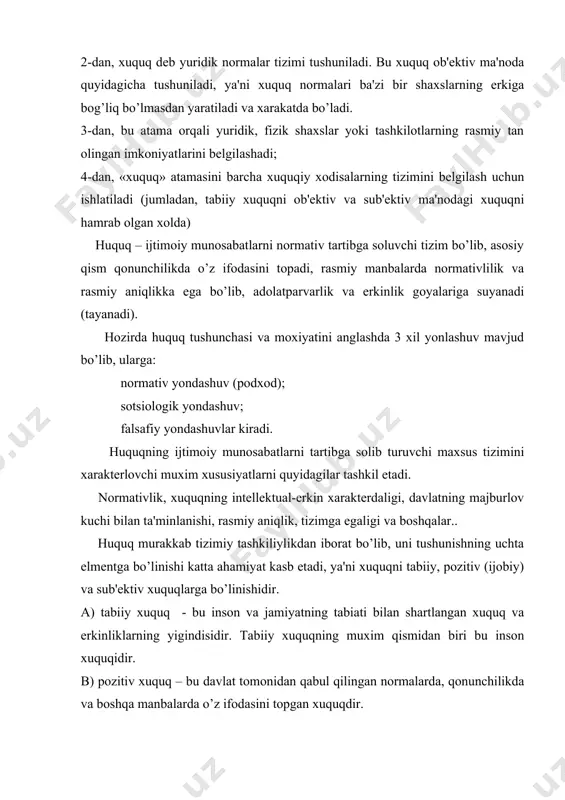ini bo’zadi (deformatsiya), ijtimoiy munosabatlarni va kishilarning xulqini tartibga solishdagi regulyatorlik xususiyatini yukotishga olib keladi. tabiiy huquq nazariyasining asoschisi gollandiyalik yurist olim gugo gratsiy bo’lib. uning 1625 yilda yozilgan «xuquq xaqida urush va tinchlik» kitobiga asoslanib berilgan. bu nazariyaga asosan tabiiy xuquq insonga tabiat tomonidan berilgan bo’lib, bunga insoniyatning turmushi va yashashi xuquqi, ozodlik va tinchlik xuquqi, mulkka egalik xuquqi uning xayoti va sogligini jamiyat va davlat tomonidan qo’riqlash xuquqlari kiradi. bu tabiiy xuquqlar o’zbekiston respublikasining konstitutsiyasining bir qancha moddalarida mustaxkamlangan. masalan, yashash xuquqi har bir insonning o’zviy xuquqidir. (24 modda). har kim erkinlik va shaxsiy daxlsizlik xuquqiga ega (25 modda). xususiy mulk va boshqa barcha mulk shakllari teng xuquqli bo’lib, daxlsiz va davlat ximoyasidadir.(53 modda). huquq jamiyat a'zolari xatti-qarakatlarini me'yorga soluvchi vositalar sifatida davlat xokimiyat va boshqaruv organlar tomonidan chiqariladigan omillar va boshqa xuquqiy xujjatlarda ifodalanadi. huquq jamiyatda normativ belgilar yig’indisi bo’lib insonning ozodlik va adolat g’oyalariga asoslangan kishilar …
