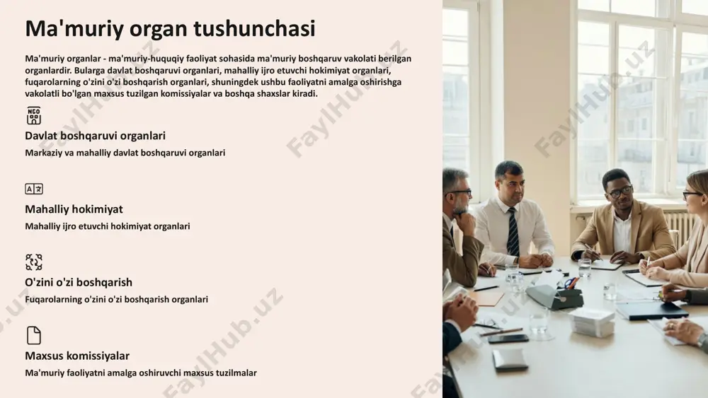 etish • ma'muriy aktlarni bekor qilish qo'llanilmaydi • jismoniy shaxslarning murojaatlari • yuridik shaxslarning murojaatlari ma'muriy tartib- taomillarning asosiy prinsiplari ma'muriy tartib-taomillar o'zbekiston respublikasida qonunchilikka muvofiq amalga oshiriladi. ular fuqarolar va tashkilotlar huquqlarini himoya qilishga qaratilgan. by g'ulomjon xakimov qonuniylik prinsipi 1 konstitutsiyaga muvofiqlik ma'muriy tartib-taomillar o'zbekiston respublikasi konstitutsiyasiga mos bo'lishi kerak. 2 qonunchilik hujjatlariga rioya qilish ushbu qonun va boshqa qonunchilik hujjatlariga muvofiq amalga oshirilishi lozim. mutanosiblik prinsipi mos ta'sir choralari jismoniy va yuridik shaxslarga ko'rsatiladigan ta'sir choralari qonuniy maqsadga mos bo'lishi kerak. yetarlilik ta'sir choralari maqsadga erishish uchun yetarli bo'lishi lozim. qiyinchilik tug'dirmaslik manfaatdor shaxslarga imkon qadar qiyinchilik tug'dirmasligi kerak. ishonchlilik prinsipi 1 hujjatlar ishonchliligi manfaatdor shaxslar tomonidan taqdim etilgan hujjatlar ishonchli hisoblanadi. 2 shubha paydo bo'lishi hujjatlar haqiqiyligiga shubha tug'ilganda, ma'muriy organ mustaqil tekshirish o'tkazadi. 3 qo'shimcha tasdiq taqiqlanganligi qonunda belgilanmagan bo'lsa, qo'shimcha tasdiqlovchi materiallar talab qilinmaydi. tinglanish imkoniyatining mavjudligi prinsipi fikr bildirish imkoniyati ma'muriy organ manfaatdor …