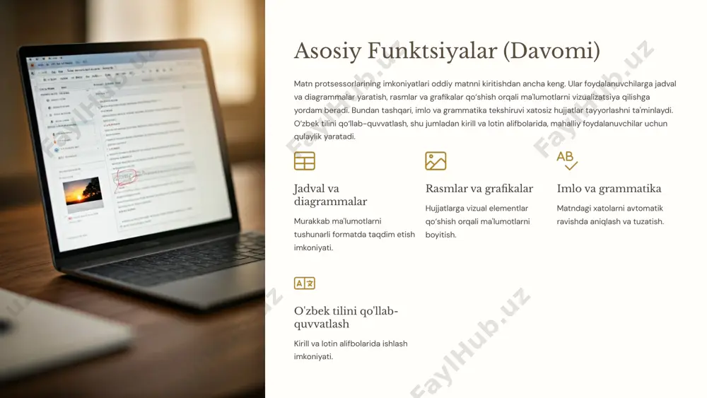 ya qiling: sarlavha, kirish, asosiy qism va xulosa. jadval va grafikalar ma'lumotlarni vizual tarzda taqdim etish uchun ulardan foydalaning. moliyaviy hisobotlar o‘zbekiston standartlariga muvofiq yillik moliyaviy hisobotlarni tuzish. aniqlik va lo'ndalik hisobotdagi ma'lumotlar aniq va tushunarli bo‘lishi kerak. 5 kasbiy hujjatlar: xatlar ishbilarmonlik xatlari tashkilotlar va shaxslar o‘rtasidagi rasmiy muloqotning muhim qismidir. ular aniq tuzilishga ega bo‘lishi kerak: murojaat, asosiy qism va xulosa. uslub jihatdan, xatning maqsadiga qarab rasmiy yoki norasmiy bo‘lishi mumkin. masalan, taklif xati rasmiy uslubni talab qilsa, minnatdorchilik xati biroz norasmiyroq bo‘lishi mumkin. matn protsessorlari tayyor shablonlar yordamida tez va samarali xatlar yaratish imkonini beradi. murojaat xatni to‘g‘ri murojaat bilan boshlang. asosiy qism murojaatingizning mohiyatini aniq va lo‘nda bayon eting. xulosa murojaatingizni yakunlang va kerak bo‘lsa, keyingi harakatlarni belgilang. imzo xatni rasmiy imzo bilan yakunlang. 6 hujjatlarni formatlash: shriftlar va uslublar hujjatlarning vizual ko‘rinishi va o‘qish qulayligi to‘g‘ri shrift tanlash va uslublardan foydalanishga bog‘liq. times new roman, …