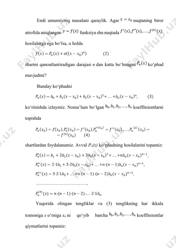 a |rn(x)|=| |m tengsizlik o‘rinli bo‘ladi. argument x ning tayin qiymatida =0 tenglik o‘rinli, demak n ning yetarlicha katta qiymatlarida rn(x) yetarlicha kichik bo‘lar ekan. shunday qilib, x0=0 nuqta atrofida f(x) funksiyani f(0)+ f’(0)x+ f’’(0)x2+ ... +f(n)(0)xn ko‘phad bilan almashtirish mumkin. natijada funksiyaning x nuqtadagi qiymati uchun f(x) f(0)+ f’(0)x+ f’’(0)x2+ ... +f(n)(0)xn taqribiy formula kelib chiqadi. bu formula yordamida bajarilgan taqribiy hisoblashdagi xatolik |rn(x)| ga teng bo‘ladi. 3-misol. e0,1 ni 0,001 aniqlikda hisoblang. yechish. ex funksiyaning makloren formulasidan foydalanamiz. (1) formulada x=0,1 deb olsak, u holda , masala shartiga ko‘ra xatolik 0,001 dan katta bo‘lmasligi kerak, demak rn(x)=<0,001 tengsizlik o‘rinli bo‘ladigan birinchi n ni topish yetarli. e0,1 <2 ekanligini e’tiborga olsak, so‘ngi tengsizlikni quyidagicha yozib olish mumkin: . endi n=1, 2, 3, ... qiymatlarni so‘ngi tengsizlikka qo‘yib tekshiramiz va bu tengsizlik n=3 dan boshlab bajarilishini topamiz. shunday qilib, 0,001 aniqlikda . xususiy holda, n=1 bo‘lganda f(x)f(x0)+f’(x0)(x-x0) taqribiy hisoblash formulasi …