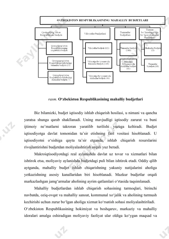 rini ko‘zlab va o‘zbekiston respublikasining konstitutsiyasi hamda uning asosida qabul qilingan qonunlar vakolat bergan idoralar tomonidangina amalga oshiriladi. o‘zbekiston respublikasining konstitutsiyasiga va uning asosida chikarilgan boshqa qonunlarga muvofiq davlatning moliyaviy faoliyati uning hokimiyat, boshqaruv hamda mahalliy xokimiyat idoralari tomonidan amalga oshiriladi. o‘zbekiston respublikasining konstitutsiyasiga va boshqa krnunlarga muvofiq davlat idoralari tomonidan mahalliy moliyani boshqarish davlat va jamiyat manfaatlariga xizmat qiluvchi bir qator tamoyillarga, yetakchi kridalarga muvofiq ravishda olib borilishi lozim. bu tamoyillar moliya, kredit, soliq va bank sohasidagi qonunlarda belgilab qo‘yilgan. o‘zbekiston respublikasining 1993-yil 2-sentabrdagi «mahalliy davlat hokimiyati to‘g‘risida»gi qonunda mahalliy davlat xokimiyat idoralarining moliyaviy faoliyati asoslari belgilab qo‘yilgan. davlat idoralari tomonidan moliyaviy faoliyatning amalga oshirilishida quyidagi tamoyillarga amal qilinadi. davlat moliya idoralari bilan o‘zaro munosabatlar davomida barcha korxonalar, birlashmalar, fuqarolar ham qonunlarga qat’iy amal qilishlari lozim. qonuniylik tamoyiliga amal qilish moliyaviy munosabatlar barqarorligini ta’minlash, davlat moliya faoliyatidan ko‘zlangan maqsad va vazifalarning bajarilishiga erishish, okibatda davlat moliyaviy va iqtisodiy kudratining, …