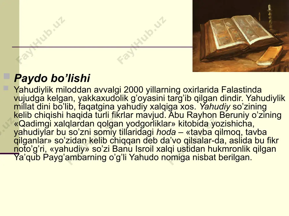 rosimlari va bayramlari. yahudiylar o’zlarining yahvega nisbatan sodiq ekanliklarini isbotlash uchun bir necha rasm-rusumlarni ijro etadilar. ular yillik va kunlik ibodatlardan, bayramlardan, marosimlardan iborat. ibodat uyda ham sinagogada ham birday olib boriladi. yahudiylar sinagogasining sharqiy tomonida toraning nusxalari saqlanadigan sandiq va ravvin uchun minbar qo’yilgan. ayollar erkaklardan alohida ibodat qiladilar. sinagogada ibodat xor shaklida olib boriladi. yahudiy marosimlari va bayramlari. yahudiylar o’zlarining yahvega nisbatan sodiq ekanliklarini isbotlash uchun bir necha rasm-rusumlarni ijro etadilar. ular yillik va kunlik ibodatlardan, bayramlardan, marosimlardan iborat. ibodat uyda ham sinagogada ham birday olib boriladi. yahudiylar sinagogasining sharqiy tomonida toraning nusxalari saqlanadigan sandiq va ravvin uchun minbar qo’yilgan. ayollar erkaklardan alohida ibodat qiladilar. sinagogada ibodat xor shaklida olib boriladi. o’rta osiyodagi yahudiylar. ma’lumki, yahudiylar o’rta osiyoga qadim zamonlardan ko’chib kelganlar. ularning bu kelishlari haqida turli xil rivoyatlar mavjud. ularning ichida umum e’tirof etilganlaridan biri shuki, yahudiylar bu mintaqaga eron orqali kirib kelganlar. bu xalqning o’rta osiyoga …