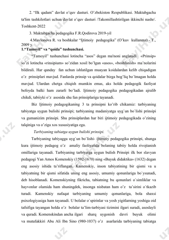 latilgan muayan koidalardan kelib chiqadigan o’z prinsiplari mavjud. fanlarda prinsip va qoidalar bizga bog’liq bo`lmagan holda mavjud. ulardan chetga chiqish mumkin emas, aks holda pedagogik faoliyat befoyda balki ham zararli bo’ladi. ijtimoiy pedagogika pedagogikadan ajralib chikdi, tabiiyki o’z asosida shu fan prinsiplariga tayanadi. biz ijtimoiy pedagogikaning 3 ta prinsipni ko’rib chikamiz: tarbiyaning tabiyatga uygun bulishi prinsipi; tarbiyaning madaniyatga uyg`un bo`lishi prinsipi va gumanizim prinsipi. shu prinsiplardan har biri ijtimoiy pedagogikada o’zining talqiniga va o’ziga xos xususiyatiga ega. tarbiyaning tabiatga uygun bulishi prinsipi. tarbiyaning tabiyagga uyg`un bo`lishi- ijtimoiy pedagogika prinsipi, shunga kura ijtimoiy pedagog o’z amaliy faoliyatida bolaning tabiiy holda rivojtanish omillariga tayanadi. tarbiyaning tarbiyatga uygun bulish prinsipi ilk bor slavyan pedagogi yan amos komenskiy (1592-1670) ning «buyuk didaktika» (1632) degan eng asosiy ishida ta’riflangan. kamenskiy, inson tabiyatining bir qismi va u tabiyatning bir qismi sifatida uning eng asosiy, umumiy qonunlariga bo`ysunadi, deb hisoblanadi. komenskiyning fikricha, tabiatning bu qonunlari o`simliklar va …