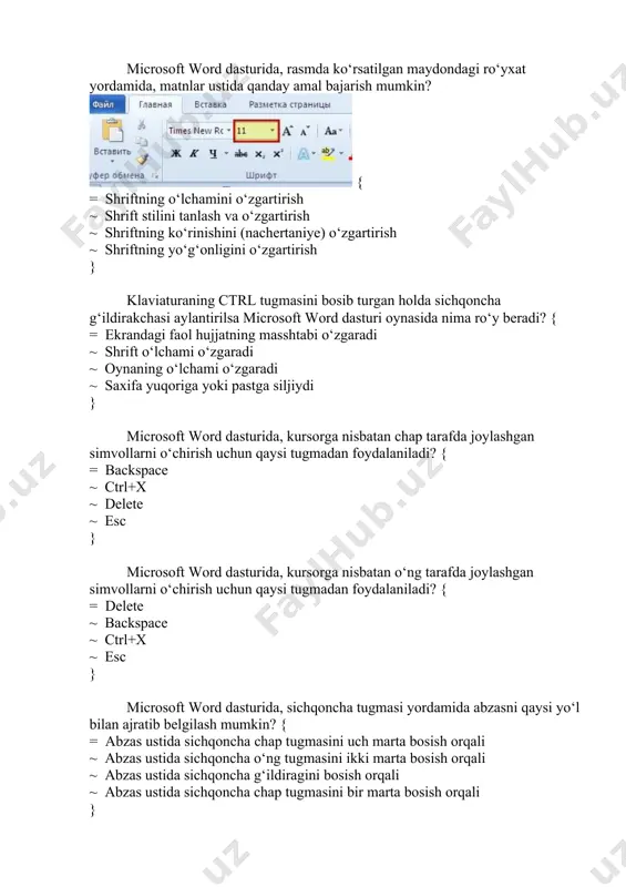 ushadi va unda tanlangan hujjat yuklanadi ~ microsoft word dasturi ishga tushadi va unda tanlangan hujjat yuklanadi ~ microsoft wordpad dasturi ishga tushadi va unda tanlangan hujjat yuklanadi } quyida keltirilgan harakatlardan qaysi biri microsoft powerpoint dasturida yaratilgan taqdimotni saqlash uchun mo‘ljallanmagan? { = “ctrl+ f12” tugmalari bosiladi ~ “fayl\soxranit kak” ~ “ctrl+s” tugmalari bosiladi ~ “fayl\soxranit” } microsoft powerpoint –bu..? { = taqdimotlar muxarriri ~ grafika muxarriri ~ jadvallar muxarriri ~ matn muxarriri } jpeg, bmp kengaytmali fayl qanday fayl? { = rasmli fayl ~ elektron jadvalli fayl ~ paskal dasturlash tilida yaratilgan dastur ~ beysik dasturlash tilida yaratilgan dastur } adobe photoshop dasturi nima uchun mo’ljallangan? { = foto tasvirlarni qayta ishlaydigan dastur ~ formulalar bilan ishlaydi ~ matnlar bilan ishlaydi ~ to’g’ri javob yo’q } adobe photoshop dasturida grafikli tasvirlar formatini ko’rsating? { = bmp, tiff, jpeg, gif va hakoza ~ xls, doc ~ .doc ~ .ppt …
