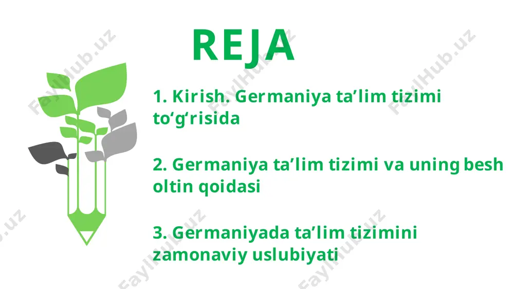 akkur ustaxonasi” deb atashadi. boshlang‘ich ta’limda dastlabki 2 yil mobaynida o‘quvchilar baholanmaydi. o‘qituvchilar baho o‘rniga bolaning individual rivojlanish holati xususida hisobot tayyorlaydi va o‘zlashtirish tavsifnomasi beriladi. germaniyada maktabgacha ta’lim muassasalari davlat tizimiga kirmaydi. bolalar bog‘chasi xayriya jamg‘armalari, mahalliy hokimiyat hamda cherkov vasiyligida faoliyat yuritadi. shu bilan birga korxona va tashkilotlar ham o‘z bog‘chasiga ega bo‘lishi mumkin. maktabgacha ta’lim tizimi 3 yoshdan 6 yoshgacha bo‘lgan bolalarni qamrab oladi. hali aqlini tanib ulgurmagan bolalarda o‘z fikrini ifodalash, tengdoshlari va kattalar bilan muloqot qilish qobiliyatini shakllantirish, ularni boshlang‘ich ta’limga tayyorlashda bog‘chalarning o‘rni katta. shu bois ham olmonlar bog‘chalarni "tafakkur ustaxonasi” deb atashadi. tafakkur ustaxonasi bepul va majburiy talim germaniya konstitutsiyasiga muvofiq, maktab ta’limi davlat nazoratidadir. mamlakatda 16 ta federal hududlar mavjud bo‘lsa, ularning har biri o‘zining ta’lim to‘g‘risidagi qonuniga ega. shu sababli federal hududlarning maktab ta’lim tizimida ayrim farqlar bor. masalan, aksariyat hududlarda boshlang‘ich ta’lim 4 yil (birinchi sinfdan to‘rtinchiga qadar), poytaxt berlinda …