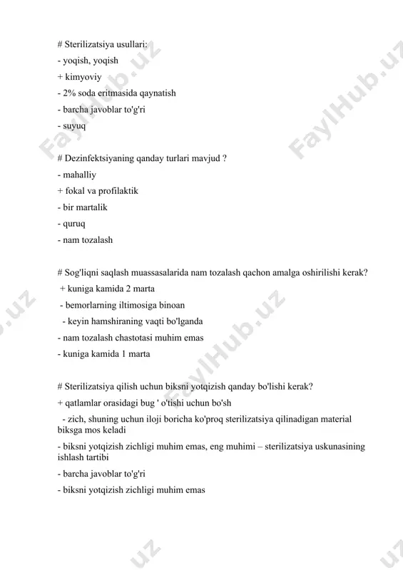 sh usullarini tanlang: - karbamid, 132o c da termal indikatorli lenta + benzoik kislota, oltingugurt, 120 ° c da termal indikatorli lenta - fenolftalein - xlorli - spirtli ichimliklar - barcha javoblar to'g'ri #. mahsulotlar aseptik qadoqlashsiz steril hisoblanadi -16 kungacha; - 3 kungacha; +6 soatgacha; - bir oygacha. - 6 kungacha #. ikki qavatli steril qadoqlash sharti bilan mahsulotlar steril hisoblanadi -16 kungacha; +3 kungacha; - 6 kungacha; - bir oygacha. -5 kun # bakteriyalar sporalariga ta'sir qilmaydigan, ammo bakteriyalar va zamburug'larga qarshi faol bo'lgan moddalarga quyidagilar kiradi - halogen o'z ichiga olgan moddalar; - kislorodli moddalar; - sirt faol moddalar; + alkogolli moddalar. - xlorli oziq-ovqat #. gazli sterilizatsiya qilish usulidan keyin xonani ventilyatsiya qilish kerak +10 soat; -2 soat; -24 soat; - 30 daqiqa. -2 daqiqa # barcha turdagi mikroorganizmlarni, shuningdek bakteriyalar sporalarini yo'q qilish jarayoni deyiladi - asepsiya - antiseptiklar + sterilizatsiya - dezinfektsiya - tozalash …