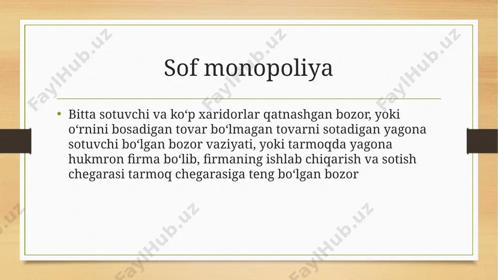 ontal bo‘lmasdan, pastga yotiq bo‘lishi kifoyadir. monopolist mahsulotiga talab. raqobatlashgan bozorda firma maksimal foyda oladi, agar u chekli daromad chekli xarajatga teng holatni ta’minlaydigan hajmda mahsulot ishlab chiqarsa, mr = mc. sof monopoliyada firmaning mahsulotiga talab, uning chekli va umumiy daromadi mc = mr bo‘lganda foydani maksimallashtirish grafigi monopol hokimiyat ko‘rsatkichi raqobatlashgan bozorda narx chekli xarajatga teng bo‘lishi, maksimal foyda olishning zaruriy sharti edi. monopol bozorda narx chekli xarajatdan yuqori belgilanadi monopol hokimiyat tufayli jamiyatning yo‘qotishlari monopol hokimiyatda narx chekli xarajatdan yuqori bo‘ladi. monopol hokimiyatda narx oshadi, ishlab chiqarish hajmi kamayadi, natijada bu firmaning daromadini oshishiga va iste’molchilar turmush darajasining pasayishiga olib kelishi mumkin. iste’molchilar va ishlab chiqaruvchilar ortiqchalarini monopol va raqobatlashgan bozor sharoitlarida qaraymiz. . monopol hokimiyatidan olinadigan zararni ifodalovchi grafik monopol tovar narxiga soliqning ta’siri monopsoniya – bu yagona xaridor mavjud bo‘lgan bozorni anglatuvchi tushuncha. oligopsoniya – kam sonli xaridorlar faoliyat ko‘rsatadigan bozor. agar bozorda bitta yoki kam …
