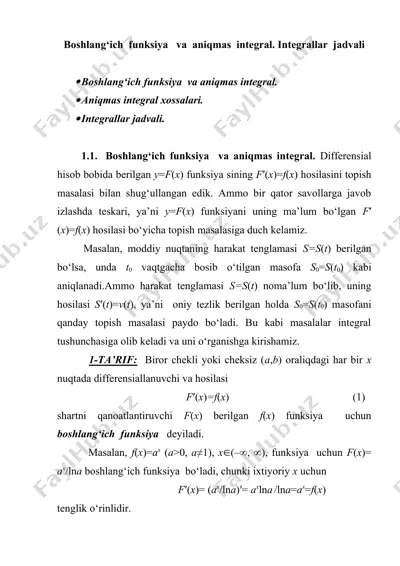 boshlang‘ich funksiya va aniqmas integral. integrallar jadvali — DOCX