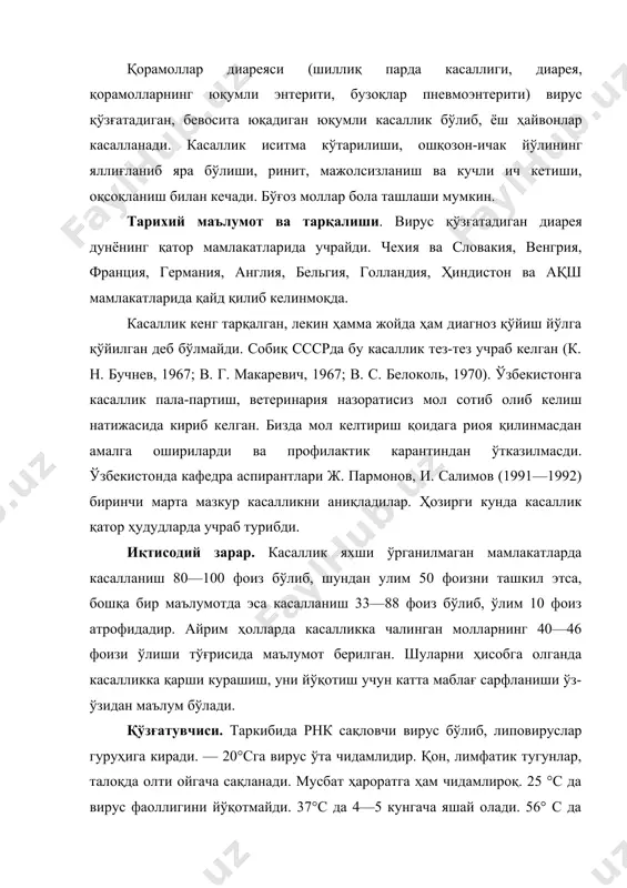 й олади. 56° с да тўлиқ инактивацияга учрайди. ташқи муҳитда организм экскретларида 5—6 ойгача яшай олиши вируснинг анча чидамли хусусиятга эга эканлигини кўрсатади. эпизоотологияси. табиий шароитда қорамоллар касалланади. панди ва цилли (1956, 1961) буғу ва қўтослар касалланиши тўғрисида маълумот беради. рамбари (1965) косуллар (буғунинг бир тури) касалланганлигини ёзади. диарея билан асосан олти ойлиқдан 2 ёшгача бўлган ҳайвонлар (жинсидан қатъий назар) касалланади. лекин ремсей, шипперлар (1957) 3—7 ёшлик қорамоллар ва 1—3 кунлик бузоқларда ҳам учраши тўғрисида маълумот берадилар. айрим ҳолларда ҳомила 8 ойлик давридаёқ шиллиқ пардалар зарарланганлиги кузатилган. ҳиндистонда вируснинг уч хил типи аниқланган: — олти ойликгача бўлган бузоқлар касалланади (биринчи тип вирус); — қўтослар 2—8 ҳафталигида касалланади (иккинчи тип вирус); — қўтос буқаларида касаллик қўзғатувчи вируслар (учинчи тип вирус). касаллик қўзғатувчининг манбаи касал ҳайвонлар ҳисобланади. бегель (1964) маълумотига кўра қўйлар диареяда резервуар бўлиб хизмат қилиши мумкин экан, чунки улар қонида махсус антитело борлиги аниқланган. вирус организмдан нажас, сийдик, сўлак, бурун …