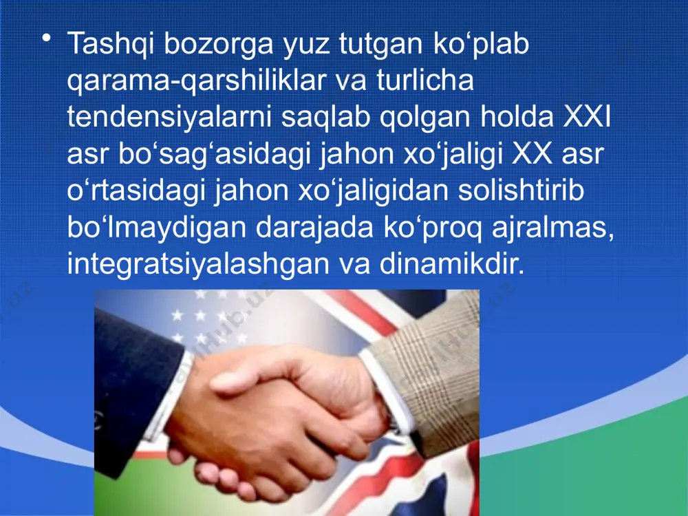 maqsad va mazifalari quyidagilardan iborat: a. suv –energetika zahiralaridan unumli foydalanish. b. transport tizimining umummintaqaviy tuzilmasi barpo etish. c. ishlab chiqarish kooperatsiyasi, savdo – iqtisodiy, ijtimoiy – madaniy munosabatlarini har tomonlama rivojlanish. d. ekologik muammolarini birgalikda hal etish. e. barqarorlikni mustahkamlash. о‘zbekistonning osiyo, yaqin sharq, yevropa va amerikaning 70 dan ortiq davlatlari bilan savdo-iqtisodiy hamkorligi yildan-yilga rivojlanib bormoqda. ularning orasida о‘zbekistonning rossiya (tashqi savdo aylanmasida ulushi 21,7%), koreya respublikasi (5,9%), turkiya (5,5%), qozog‘iston (5,4 %), xitoy (5,1%), eron (4,9%), germaniya (3,4%), aqsh (2,8%) va boshqa mamlakatlar bilan iqtisodiy aloqalari muhim о‘rinda turadi (2006). yangi ishlab chiqarishning yо‘lga qо‘yilganligi va tovarlar eksportining oshishi natijasida 2005 yilda о‘zbekiston respublikasining tashqi savdo aylanmasi 1991 yilga nisbatan 18,7 barobar oshib, 9,5 mlrd.aqsh dollarini tashkil qildi. (1-jadval) sо‘nggi yillarda eksport qilinayotgan tovarlar nomenklaturasi ham о‘zgarib bormoqda. avvalambor, eksportga xom ashyo emas, balki raqobatbardosh tayyor mahsulotlar chiqarilmoqda. eksportning asosini quyidagi tovarlar tashkil qilmoqda: paxta tolasi, mashina …