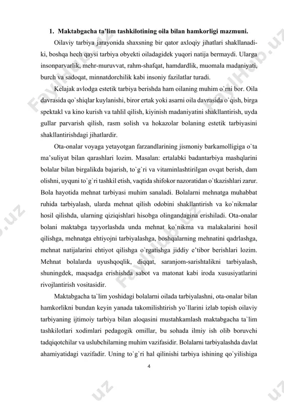 har tomonlama tayyorlashda ota-onalarga muntazam ravishda yordam ko`rsatishdan iborat. maktabgacha ta`lim tashkiloti xodimlarining eng birinchi vazifasi – mtt tarbiyalanuvchilarining ota-onalari va oilasining boshqa a’zolari ongida bola tarbiyasida oila birinchi darajali ahamiyatga egaligi va har bir oila bolalarining faollashuvida oilaviy va ijtimoiy tarbiyaning birligiga erishilgandagina kutilgan natijaga olib kelishiga chuqur ishonch uyg`otishdir. mtt ota-onalarda pedagogik bilimlar asosini yaratadi. ularda tarbiya haqidagi fanga qiziqish uyg`otadi. o`z bilimlarini doimo kengaytirish istagini va unga intilish hissini uyg`otadi. keyinchalik esa maktab pedagogik umumta’limiga kirishib ketish hissini uyg`otadi. maktabgacha ta`lim tashkilotlarida ta’lim-tarbiyani har tomonlama, jumladan, ma’naviy, axloqiy, aqliy, estetik, jismoniy va mehnat tarbiyalari birgalikda olib borilib, bola maktabga chiqariladi. bola mttda olgan bilimlarini maktabda davom ettirishga shundagina qiynalmaydi. aql keng ma’noda sezish, idrok etishdan boshlanadigan tafakkur va xayolni o`z ichiga oladigan jarayondir. bolalarni maktabga tayyorlashda aqliy tarbiyaning o`rni katta. bilimlar zahirasini kengaytirish, aqliy faollikni va mustakillikni rivojlantirish. maktabda yaxshi o`qish keyingi mehnat faoliyatiga tayyorlanishning muhim shartidir. …
