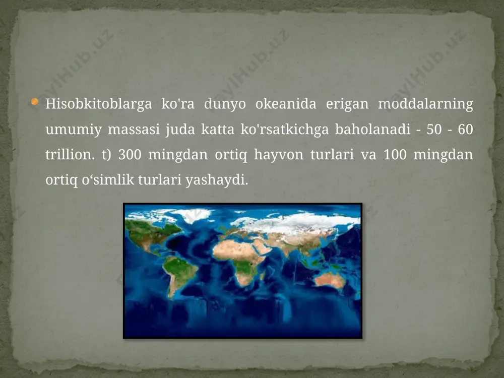 umkin. dunyo boʻylab tez o'sib borayotgan aholini oziq-ovqat va rivojlanayotgan sanoat uchun xom ashyo bilan ta'minlash zarurati, energiya inqirozi xavfi, chuchuk suv yetishmasligi insonlarni dunyo okeani resurslaridan foydalanishni tashkil etishni takomillashtirishni talab etmoqda. foydalanilgan adabiyotlar 1. oʻzbekiston milliy ensiklopediyasi. toshkent 2004. 2. maʼmun akademiyasi axborotnomasi jurnali. 3. turli xil internet saytlari. www.ziyonet.uz 4. www.wikipediya.org 5. www.fayllar.org image3.png image4.png image5.png image6.png image7.png image8.png image9.png image10.png image11.png image12.png