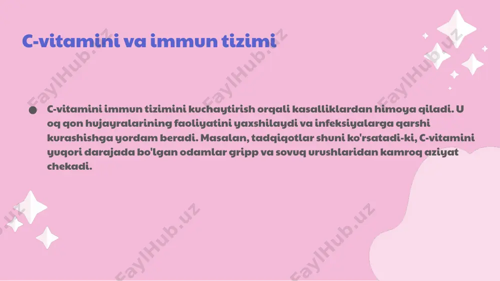 lashda e'tibor berish qo'shimchalarni tanlashda sifat, tarkib va ishlab chiqaruvchiga e'tibor berish muhimdir. allergik reaktsiyalarni hisobga olish kerak. c-vitamini yetishmasligi va uning sabablari oziq-ovqat manbalari c-vitamini yetishmasligi ko'pincha oziq-ovqat manbalarining yetishmasligi bilan bog'liq. meva va sabzavotlarni yetarlicha iste'mol qilmaslik ushbu vitaminni olishda muhim omil hisoblanadi. oziq-ovqat qabul qilish oziq-ovqat qabul qilishdagi muammolar, masalan, oshqozon-ichak kasalliklari, c-vitamini so'rilishiga to'sqinlik qilishi mumkin. bu holat vitamin yetishmasligini kuchaytiradi. genetik omillar genetik omillar ham c-vitamini yetishmasligiga ta'sir ko'rsatishi mumkin. ayrim odamlar genetik jihatdan vitaminni yaxshi so'ray olmaydilar yoki tez yo'qotadilar. boshqa omillar sog'liq holati, masalan, surunkali kasalliklar yoki stress ham c-vitamini ehtiyojini oshirishi mumkin. bunday omillar vitamin yetishmasligi xavfini orttiradi. c-vitamini yetishmasligining ta'siri immun tizimining zaiflashishi c-vitamini yetishmasligi immun tizimini zaiflashtiradi, bu kasalliklar rivojlanishini oshiradi. terida belgilar terida quruqlik va ajinlar paydo bo'ladi, rang o'zgaradi. energiya darajasining pasayishi energiya darajasi pasayadi, charchoq hissi kuchayadi. c-vitamini va surunkali kasalliklar c-vitamini yetishmasligi turli surunkali kasalliklar, jumladan, …