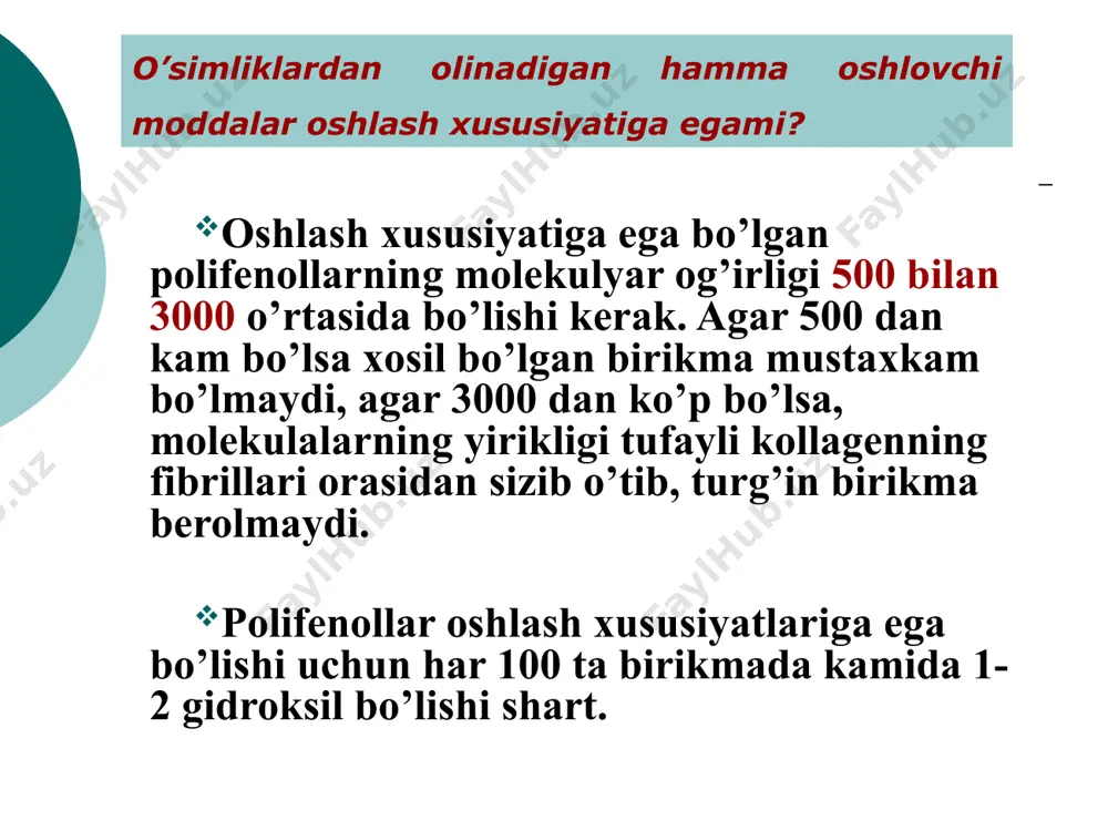 qiladi. tahlil usullari: sifat reaksiyalar odatda o’simlik tanitlarga sifat reaksiyalar o’tkazish uchun 10% li suvli ajratma tayyorlanadi cho’ktiruvchi reaksialar - 2-3 ml ajratmaga jelatinani 1 % li eritmasi tomchilab qo’shilganda cho’kma hosil bo’ladi, ko’proq qo’shilsa cho’kma erib ketadi - oshlovchi moddalar - alkaloid tuzlari, og’ir metall tuzlari, shilliq moddalar bilan amorf cho’kma hosil qiladi rangli reaksia -temirning iii valentli tuzlari bilan gidrolizlanuvchi oshlovchi moddalar qora-ko’k, kondensasiyalanuvchi oshlovchi moddal qora-yashil cho’kma hosil qiladi. tasnif reaksiyalari - ajratmaga xlorid k-ta va 40 % formaldegid qo’shilsa, kondensasiyalanuvchi oshlovchi moddal cho’kmaga tushadi (stiasni reaksiasi) . - ajratmaga nitrozometil uretan qo’shilsa, kondensasiyalanuvchi oshlovchi moddal cho’kmaga tushadi. oshlovchi moddalarni miqdorini anqlash gravimetrik (oshlovchi moddalarni oqsil moddalari, og’ir metall tuzlari bilan cho’ktirishga asoslangan) titritometrik (oshlovchi moddalarni kuchli oksidlovchilar, asosan kaliy permanganat ishtrokida oksidlashiga asoslangan) fotokolorimetrik (temirning iii valentli tuzlari bilan hosil qilgan rangli reaksiyalariga asoslangan) xromatospektrofotometrik (asosan izlanishlarda foydalaniladi) oshlovchi moddalar miqdorini xi df bo’yich aniqlash i …
