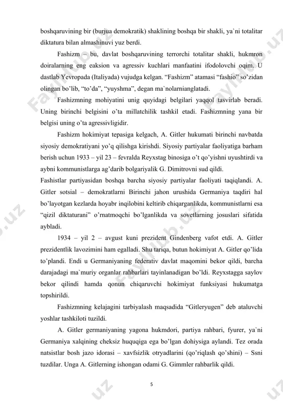 lash maqsadida “gitleryugen” deb ataluvchi yoshlar tashkiloti tuzildi. a. gitler germaniyaning yagona hukmdori, partiya rahbari, fyurer, ya`ni germaniya xalqining cheksiz huquqiga ega bo’lgan dohiysiga aylandi. tez orada natsistlar bosh jazo idorasi – xavfsizlik otryadlarini (qo’riqlash qo’shini) – ssni tuzdilar. unga a. gitlerning ishongan odami g. gimmler rahbarlik qildi. ss otryadlarining vazifasi – o’zgacha fikrlovchi odamlarni taqib qilish, ommaviy qirg’in uyushtirish, pechlarda yoqib yuborish, gaz kameralarida zaharlab o’ldirishdan iborat edi. ssning tarkibiy qismini gestapo (maxfiy politsiya) va sd (razvedka va kontrrazvedka) tashkil etgan. ularning asosiy vazifasi mavjud tuzumga qarshi paydo bo’lgan har qanday muxolifatni joyida yo’q qilishdan iborat edi. ayni paytda ular zimmasiga yahudiylarni ommaviy qirg’in qilish vazifasi ham yuklatilgan. fashistlar o’zgacha fikrlovchilar, demokratik tashkilotlar vakillari va harbiy asirlarni ommaviy qirg’in qilish maqsadida 15 ta o’lim lagerlari barpo etdilar, bu lagerlarda 10 mln. ga yaqin kishi yo’q qilindi. davlatda oziq – ovqat tanqisligi ro’kach qilinib, yaratuvchilik mehnatiga noqobil bo’lgan barcha kishilar, …