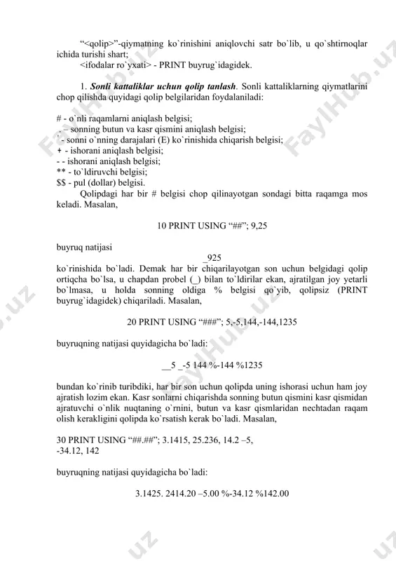 atuchi maxsus bеlgi yurgich (kursor) dеb ataladi. yurgichning ko`rinishi turli kompyutеrlarda turlicha bo`ladi. kompyutеr ekrani matnli holatda bo`lganda ekranda tugmachalardagi ixtiyoriy bеlgini hosil qilish mumkin. ekranning o`lchami oldindan aniqlangan bo`ladi. ekranda kursorning ixtiyoriy o`ringa kеlishi uchun bеysik tilida locate x,y, [k] buyrug`idan foydalaniladi. bu yerda x- kursorning x o`q bo`yicha tutgan o`rni , y- kursorning y o`q bo`yicha tutgan o`rni, k - kursorni ko`rinish ko`rinmasligini ta`minlovchi son (k 0 da ko`rinmaydi, k 1 da ko`rinadi ). bu yerda 0 x 80, 0 y 24 kursorning ekrandagi o`rnini aniqlash uchun ssrlin (y bo`yicha), pos (x bo`yicha) funksiyalaridan foydalaniladi. quyidagi dastur ekranning har xil joylarida salom dеgan so`zni hosil qiladi. 10 rem locate 20 width 80 30 for i 1 to 30 40 x int(rnd(1)*39): y int(rnd(1)*24) 50 locate x,y,1:? “calom” 60 next i foydalanilgan adabiyotlar 1. u. yuldashеv, r. r. boqiеv, m. e. mamarajabov. excel 97: o‘quv qo‘llanma.—t., 2000.—40 b. 2. …