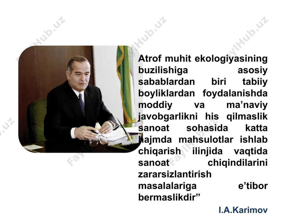 ш, ёғингарчилик, олов, шамол ва бошқалар. кимёвий: атмосфера газлари( кислород, карбонат ангидрид) шўрлик, ph, озуқа моддалари) кўринадиган ёруғлик, л = 400 - 700 нм, 40-50% қуёш нурланиши, фотосинтез 6cо2 + 6ҳ2о  c6ҳ12о6 +6о2 уф нурланиши: уф-а 200-280 нм узоқдаги уф, ҳаёт учун хавфли, уф-б 280-320 нм озон қатлами томонидан сақланади уф-c 320-400 нм яқин уф, кўнчилик, витамин д синтези иқ нурлари, λ > 700 нм, иссиқлик энергиясининг муҳим манбаи организмларнинг ёруғлик режимидаги ўзгаришларга мослашиши: бир суткалик ритмлар мавсумий ритмлар температура хаво температураси -88,3 °сдан +58,7°с гача юқори температура оқсилларни иаиб қолишига олиб келади (60°с). жуда паст температурада тўқимадаги сувлар музлаб қолади организмларнинг нормал ҳаёти учун маълум бир даражадаги шароит талаб этилади. агар барча шарт — шароитлар қулай бўлиб, улардан бири етарли миқдорда бўлмаса, чекловчи омил деб аталади. чекловчи омил организмни ушбу шароитда яшаши ва яшай олмаслигини белгилайди. турларнинг шимол томон силжишига мусбат температура омилининг етишмаслиги таъсир этса, қурғоқчилик районларида …