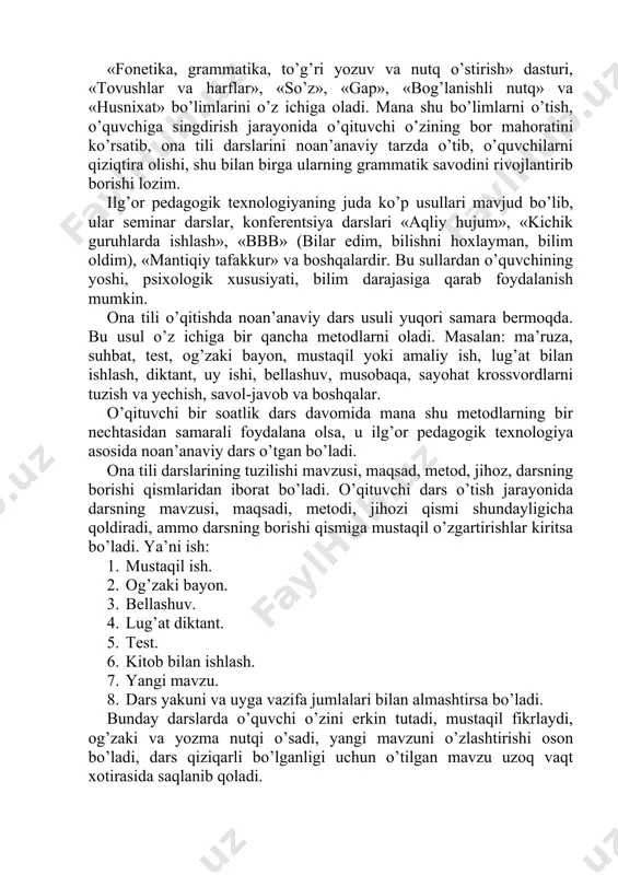 nechta harfdan iborat? o’quvchilar: to’rtta. 2-suratda nima tasvirlangan? shu tarzda katakchalar to’ldirib boriladi. o’yin avvalida katakchalarga so’zlarni o’qituvchi yozib bergan bo’lsa, keyingi so’zlarni o’quvchilar navbat bilan yozishlari ham mumkin. katakchalarni to’ldirishda o’quvchilarning bevosita ishtiroki ularning qiziqishlarini oshiradi. katakchalar to’ldirib bo’lingach, o’qituvchi ajratib ko’rsatilgan (yo’g’on chiziq bilan chegaralangan) katakchalarda yozilgan so’zlarni o’qituvchi o’quvchilar bilan birgalikda o’qiydi. krossvordlardan darsda va darsdan tashqari mashg’ulotlarda foydalanish mumkin. fikrlash doirasini kengaytirishda testlardan foydalanish ham katta samara beradi. chunki test o’quvchini bilim saviyasini aniqlash bilan bir qatorda, uni o’ylashga, izlanishga, fikrlashga da’vat etadi. boshlang’ich sinfdanoq testlarni tahlil qilish, javobini belgilashga odatlangan o’quvchi yuqori sinflarga o’tganda test topshiriqlarini hech ikkilanmay, bemalol bajara oladi. test vaqtini tejash, dars mohiyatini yaxshi o’zlashtirishga yordam beradi. shuning uchun test savollarini avvalo og’zaki tarzda butun sinf o’quvchilari bilan yechish kerak bo’ladi. og’zaki muhokama etilgan mavzudan o’quvchi mustaqil xulosa chiqaradi. bunda ham ko’rsatma harflardan foydalansa bo’ladi. test javoblari 4 ta variantda beriladi. ya’ni …