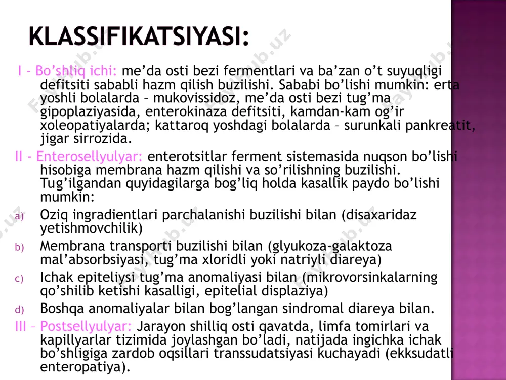 kolit; kron kasalligi. belgilari enteral diareya yo’g’on ichak bilan bog’liq diareya ich ketish tezligi sutkada 1-3 marta sutkada 3-10 gacha va yuqori ich ketish hajmi oshgan odatda kam axlat konsistensiyasi suvsimon, ko’pikli bo’tqasimon shilliqli axlatda qon yo’q tez-tez (organik buzilishlarda) axlatda leykotsit yo’q ha (kolitlarda) tana vaznini yo’qolishi sezilarli bo’lishi mumkin (organik buzilishlarda) suvsizlanish bo’lishi mumkin kamdan-kam qorinda og’riq yuqori qismida qorinni pastki qismida yoki kindik atrofida tenezm yo’q tez-tez defekatsiyada imperative qistovlar yo’q bo’lishi mumkin har qanday holatda qat’iy etiologik davo olib boriladi. saxarozani ko’tara olmasa, ovqatdan saxaroza, kraxmal (qand, kartoshka, manniy yormasi) bor mahsulotlar, shuningdek, unli mahsulotlar cheklanadi. vaqt o’tishi bilan saxarozaga tolerantlik oshib boradi va parhez kengaytiriladi. laktozani ko’tara olmaslikda yengil holatlarda sut berilishi kamaytiriladi va saxaroza, kraxmalli mahsulotlar erta berila boshlanadi. og’ir holatlarda esa ona suti va sigir suti butunlay cheklanadi, ularni o’simlik ko’rinishlari (so’yali, bodomli) bilan almashtiriladi, oqsil gidrolizatlari va b. buyuriladi. seliakada boshoqli o’simliklar …