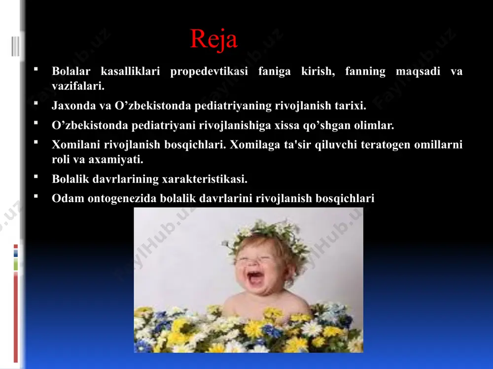 yozilgan (uning 36 ta tibbiy asari bizgacha yetib kelgan, jumladan chaqaloqlarni, goʻdak yoshdagi bolalarni ovqatlantirish va parvarishlash haqida va boshqalar. roziyning "bola tarbiyasi haqida" va "bolalar kasalliklari" asarlari koʻpgina xorij tillariga tarjima qilingan. abu ali ibn sino (980-1037) (avisenna - sharqning ulugʻ qomusiy olimi), pediatriyaning asoschilaridan bo’lib hisoblanadi. ibn sino koʻpgina asarlarida bola tarbiyasi, parvarishi, ona sutining xususiyatlari haqida izoh bergan. shuningdek koʻpgina bolalar kasalliklari va ularni davolashni o’rgangan. solix ibn muhammad hondaxoriy - xirotda tugʻilgan. buxoroda tabobat bilan shugʻullangan. u «tuxvat al shoista» va «tuxvat al malumiy» asarlarida bola organizmi xususiyatlariga e'tirof bergan. hondaxoriy birinchi pediatr boʻlgan deb xisoblanadi 1066 yilda bogʻdod, damashq, astrabod, xamadon, buxoro, samarqandda kasalxonalar tashkil qilingan. samarqandda "tabobat ilm maskani" madrasasi ochilgan. rossiya olimlarining pediatriya rivojida tutgan o’rni 1831-1847 yillarda akusher-ginekolog s.f.xotoviskiy tibbiy-xirurgiya akademiyasi talabalariga pediatriya kursi boʻyicha ma'ruza oʻqigan, birinchi boʻlib «pediatriya» boʻyicha oʻquv qoʻllanma chiqargan, u birinchi rus pediatri bo’lib hisoblanadi. xix asrning …
