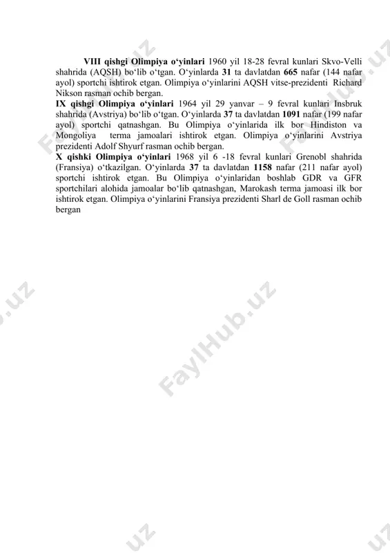 arida ikkinchi jahon urushida qatnashmagan davlatlarning terma jamoalari yaxshi natijalarga ega bo‘lgan. shvetsiya sportchilari chang‘i sporti va konkida tez yugurish, shveysariya - bobsley va tog‘ chang‘isi sporti, aqsh sportchilari konkida figurali uchish bo‘yicha eng yaxshi natijalar ko‘rsatgan. vi qishgi olimpiya o‘yinlari 1952 yil 14 – 25 fevral kunlari oslo shahrida (norvegiya) bo‘lib o‘tgan. o‘yinlarda 30 ta davlatdan 694 nafar (109 nafar ayol) sportchi ishtirok etgan. bu olimpiya o‘yinlarida ilk bor yangi zelandiya, portugaliya va gfr sportchilari tashrif buyurgan. olimpiya dasturiga to‘pli xokkey bo‘yicha ko‘rgazma uchrashuvlari o‘tkazilgan. sport musobaqalarida eng ko‘p medallarni norvegiya sportchilari olgan vii qishgi olimpiya o‘yinlari 1956 yil 26 yanvar – 5 fevral kunlari italiyaning kortina-d’ampettso shahrida o‘tkazilgan. o‘yinlarda 32 ta davlatdan 821 nafar (134 nafar ayol) sportchi ishtirok etgan. bu olimpiya o‘yinlarida ilk bor sobiq sssr, boliviya va eron terma jamoalari ishtirok etgan. 1956-1964 yillarda gdr va gfr sportchilari birlashgan germaniya jamoasi sifatida qatnashgan edi. viii qishgi …