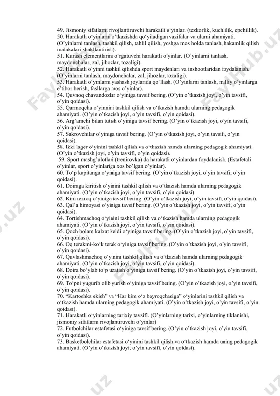 anishi). 27. chaqqonlikni rivojlantiruvchi harakatli o‘yinlar. (quvnoq bolalar, quvlashmachoq, qo’l keldi, cho’qqayib o’tirib ol). 28. tovonbaliqlar va cho‘rtanbaliq o‘yinni tashkil qilish va o‘tkazish hamda o‘yinning tarbiyaviy ahamiyati. (o’yin joyi, o’yin tavsifi, o’yin qoidalari, metodik ko’rsatma). 29. guruh o‘yiniga tavsif bering. (o’yin joyi, o’yin tavsifi, o’yin qoidalari). 30. basketbol o‘yin elementlarini o‘rgatuvchi o‘yinlar. (to’p kapitanga, topni boshlovchiga berma, to’plar poygasi). 31. harakatli o‘yinlar fanining maqsadi va vazifalari. (o’yinlarni tiklash, o’yinlarni tashkil qilish va o’tkazishni o’rganish, o’yinlarni tahlil qilish, o’yinlarni yoshga mos holda tanlash, o’yinlar orqali jismoniy sifatlarni rivojlantirish). 32. chidamlilikni rivojlantiruvchi harakatli o‘yinlar. (chiziqdan tortib o’tkazish, xo’rozlar jangi, elkada turib kurashish). 33. kichik yoshdagi bolalar uchun harakatli o‘yinlarni tashkil qilish. (o’yinlarni tanlash, to’siz o’yinlar, o’yinning maqsadi, o’yinning vazifasi). 34. futbol o‘yin elementlarini o‘rgatuvchi harakatli o‘yinlar. (o’yin joyi, o’yin tavsifi, o’yin qoidasi, metodik ko’rsatma). 35. tez joyiga harakatli o‘yinini tashkil qilish va o‘tkazish hamda o‘yinning tarbiyaviy ahamiyati. (o’yin joyi, o’yin tavsifi, o’yin …