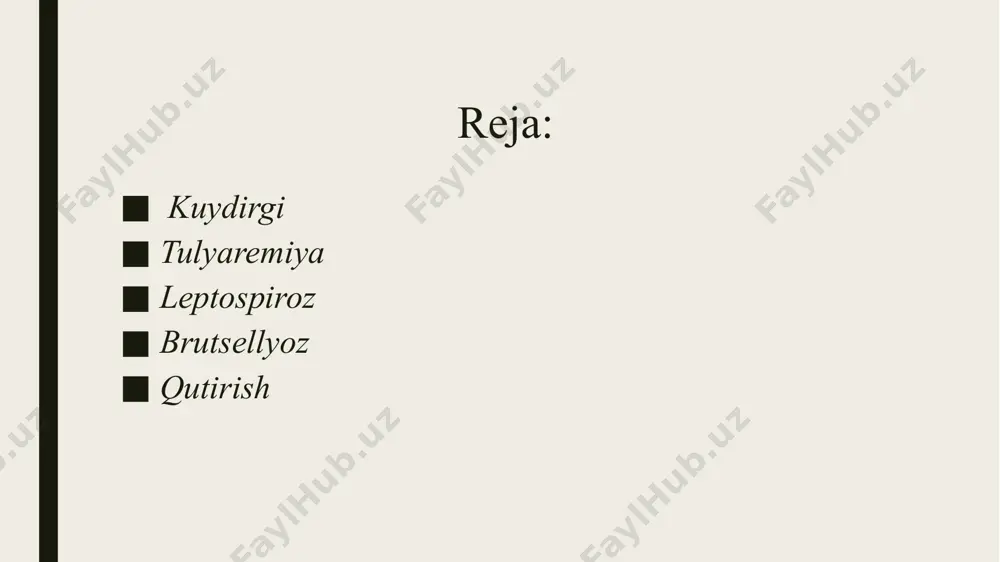 ning nomi kuydirgi deyiladi. bemorning tana harorati 39-41 daraja va undan ham yuqori bo'lishi mumkin.umumiy intoksikatsiya belgilari kuzatiladi: tanada og`riq, qaltirash, yurak-tomir faoliyatining kuchsizlanishi. tibbiy yordam 1.kuydirgi kasalligiga gumon qilingan bemor tez yordam chaqirilib, zudlik bilan yuqumli kasalliklar shifoxonasiga yuborilishi kerak. 2.bemor shifoxonaga yuborilgunicha quyidagi birinchi tibbiy yordam ko`rsatilishi mumkin: - analgin, demidrol, novokain muskul orasiga; - bemor badaniga spirt yoki aroq surtish; - yurak faoliyatini yaxshilash uchun kordiamin, kamfora, kofein (bittasi) -1-2 ml teri ostiga; - kuydirgi mikrobiga qarshi maxsus gammoglobullin – 1 ampula muskul orasiga; - bemorni parvarish qiluvchilar og`iz-burniga maska va maxsus himoya kiyimlarida bo`lishlari kerak. tulyaremiya. limfa tugunlari, o'pka, ichak to'qimasining yallig`lanishi, umumiy intoksikatsiyasi bilan kechadigan og'ir yuqumli kasallik. sababi. kasallikni tulyaremiya tayoqchasi deb ataluvchi mikrob qo'zg'atadi. kemiruvchilar (kalamush, sichqon) infeksiya manbai hisoblanadi. ularning chiqindisi bilan zararlangan suv manbalari, don mahsulotlari va boshqa oziq-ovqatlar orqali mikroblar odamga yuqadi.kemiruvchilardan mikroblar chivin va kanalar orqali ham odamga yuqishi …